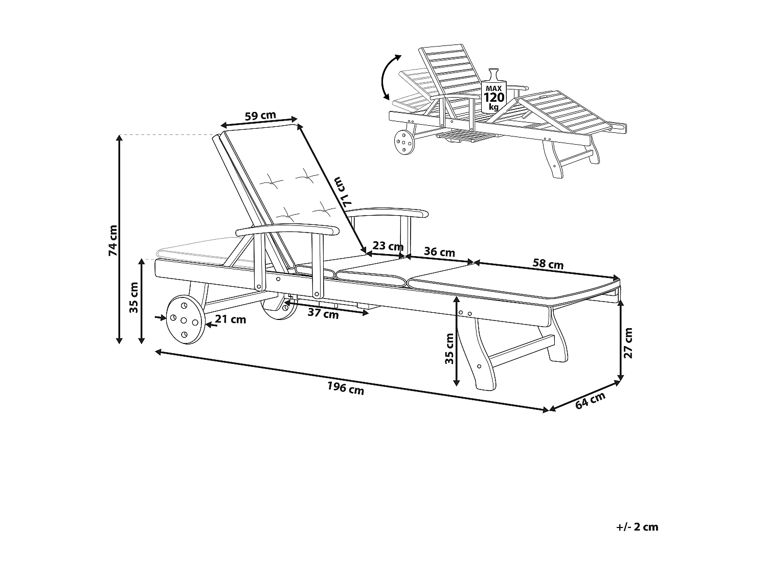 Leżak ogrodowy z poduszką JAVA Rozkładany Drewno akacjowe Czerwony