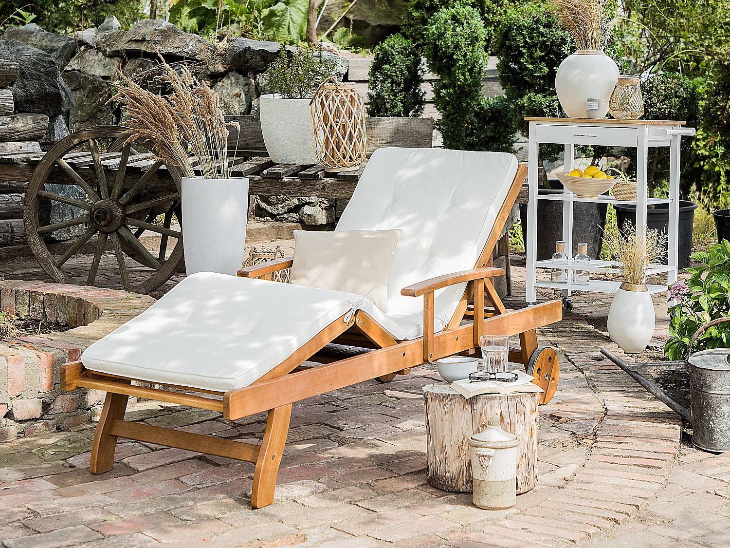 Lettino Prendisole con Cuscino JAVA Legno d'acacia Bianco sporco