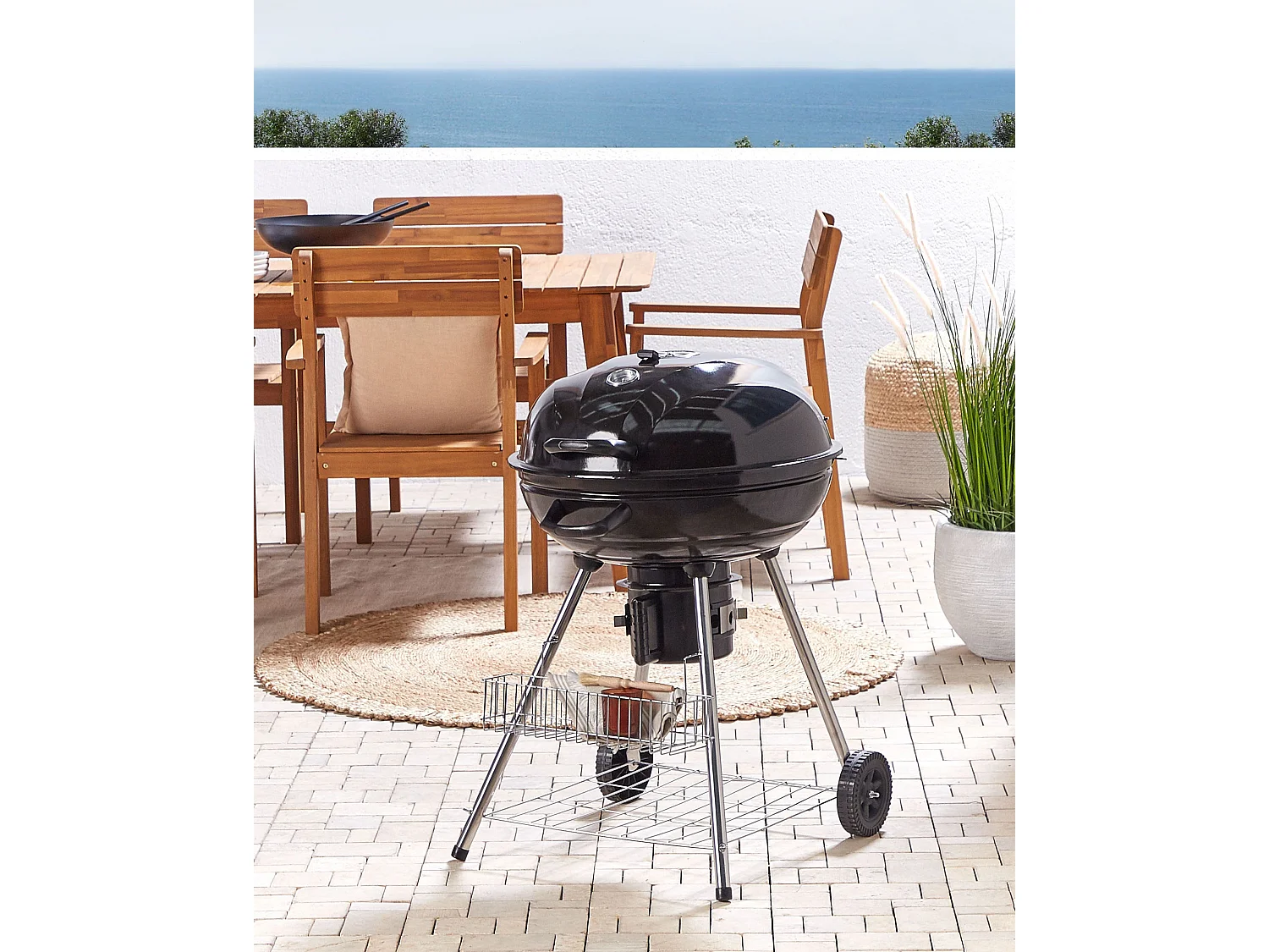 Holzkohle-Kugelgrill schwarz Stahl rollbar mit Thermometer Aschebehälter Marapi