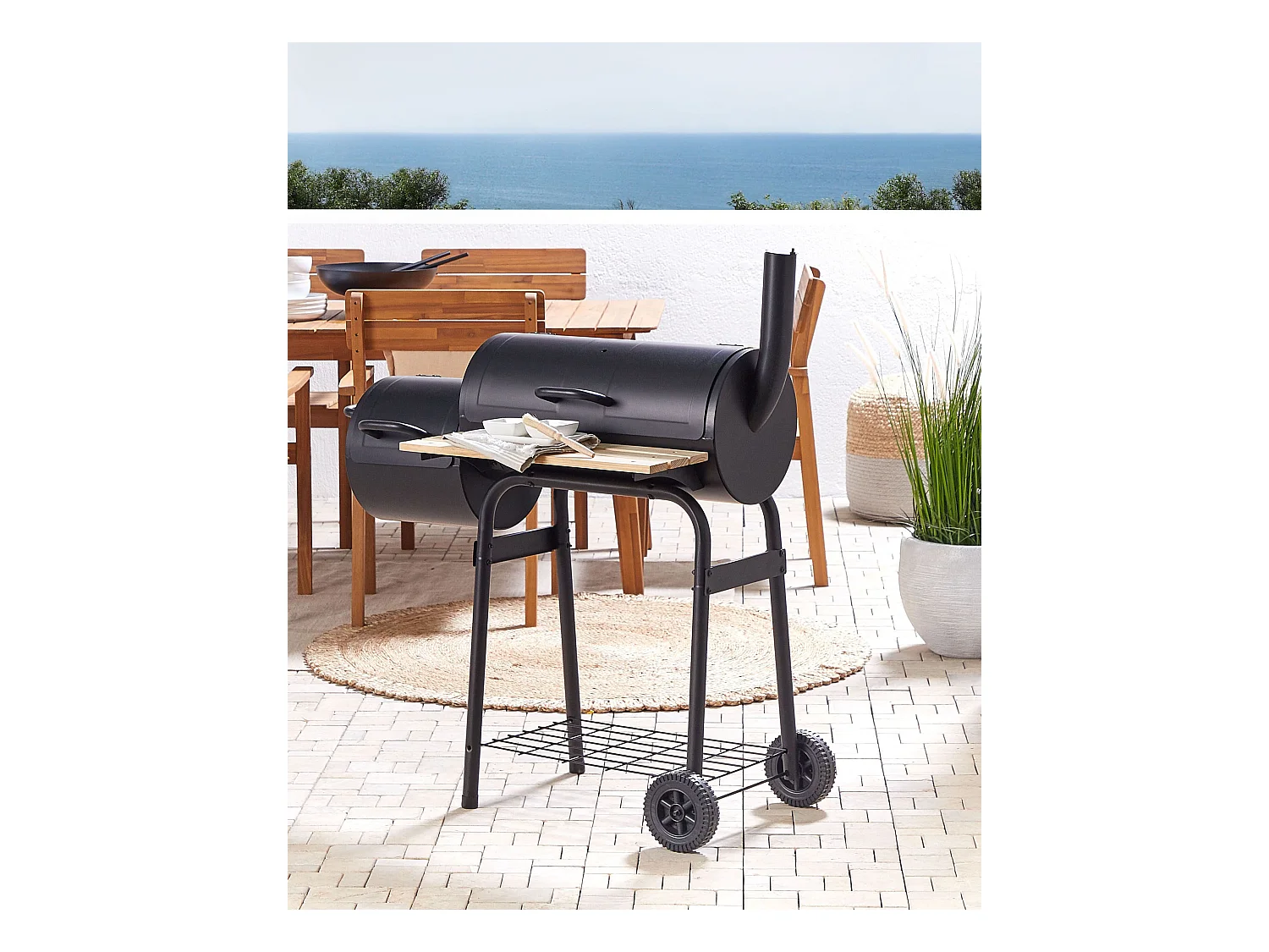 Holzkohlegrill schwarz aus Stahl mit Räucherkammer rollbar Tonnengrill BBQ Satah