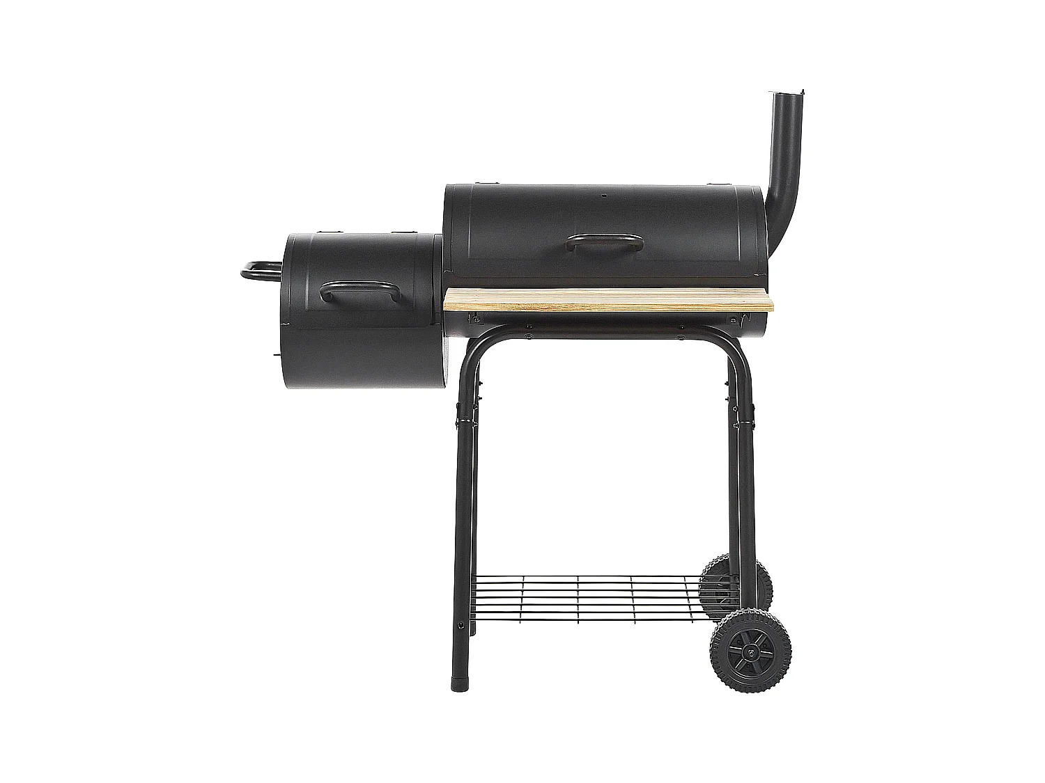 Holzkohlegrill schwarz aus Stahl mit Räucherkammer rollbar Tonnengrill BBQ Satah