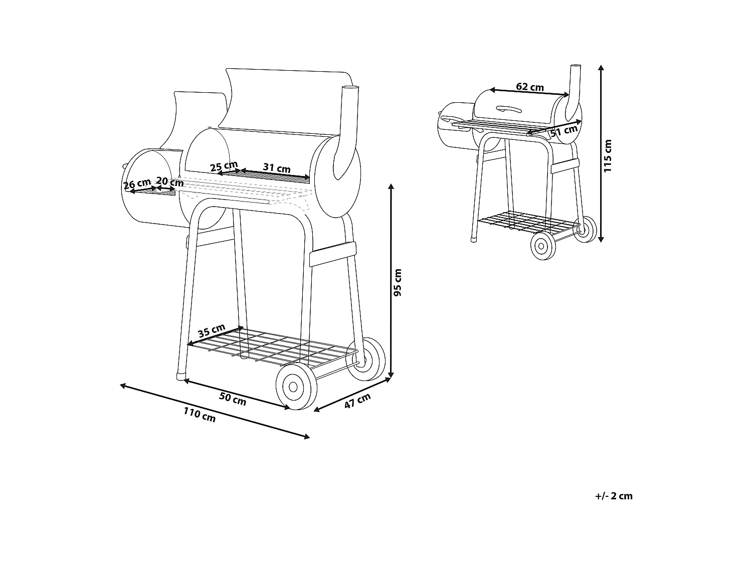 Holzkohlegrill schwarz aus Stahl mit Räucherkammer rollbar Tonnengrill BBQ Satah