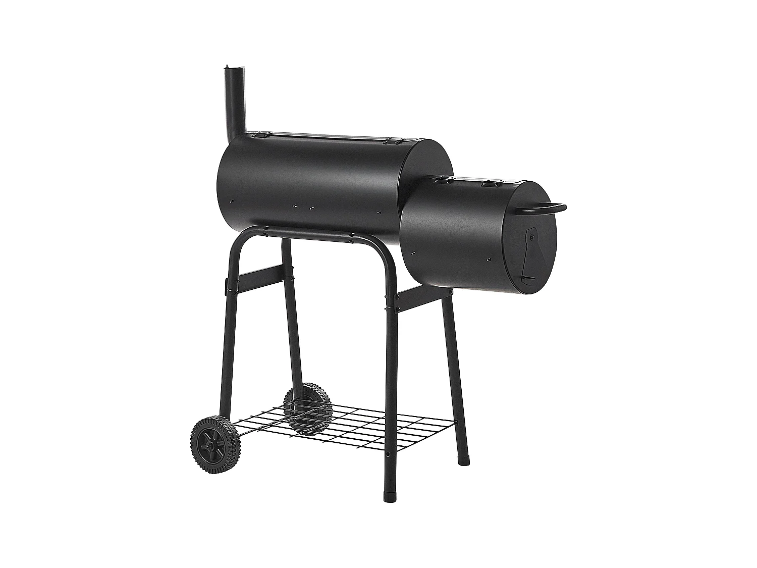 Holzkohlegrill schwarz aus Stahl mit Räucherkammer rollbar Tonnengrill BBQ Satah