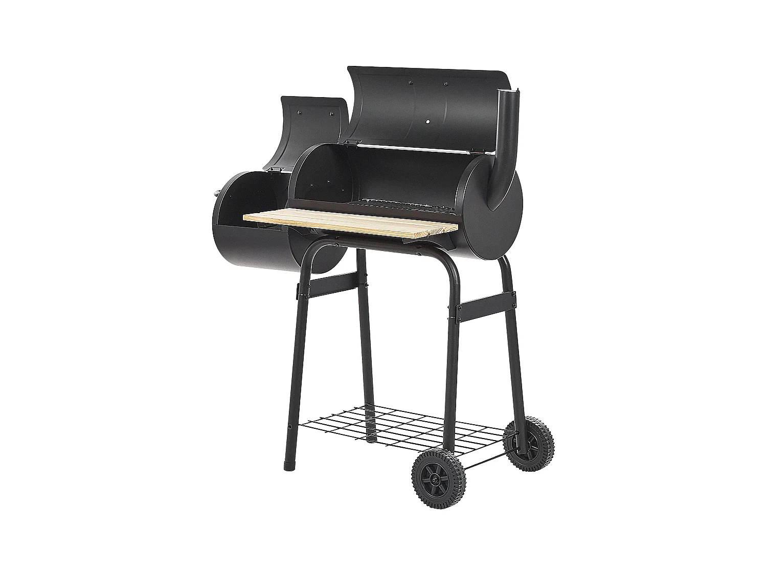 Holzkohlegrill schwarz aus Stahl mit Räucherkammer rollbar Tonnengrill BBQ Satah