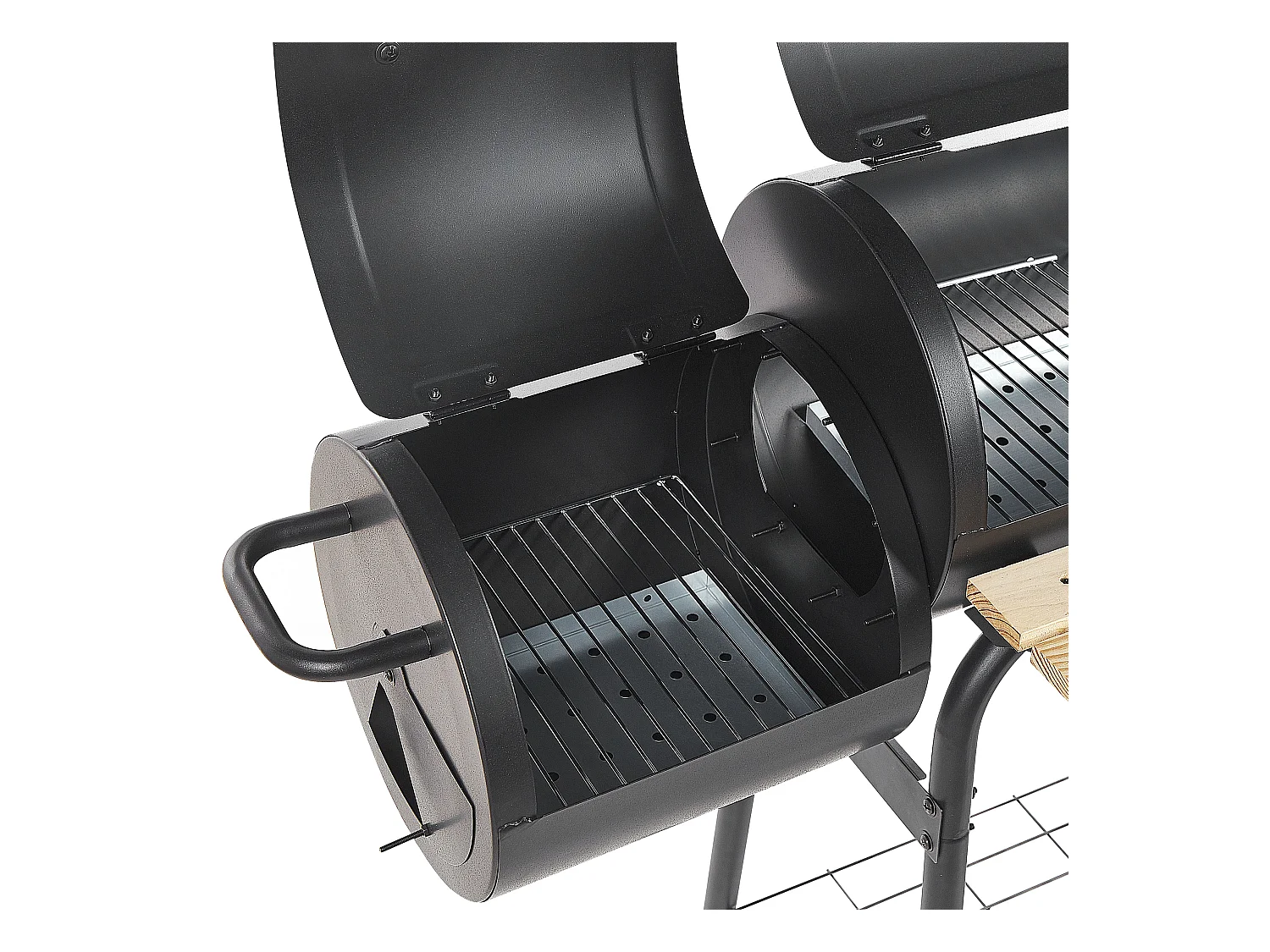 Holzkohlegrill schwarz aus Stahl mit Räucherkammer rollbar Tonnengrill BBQ Satah