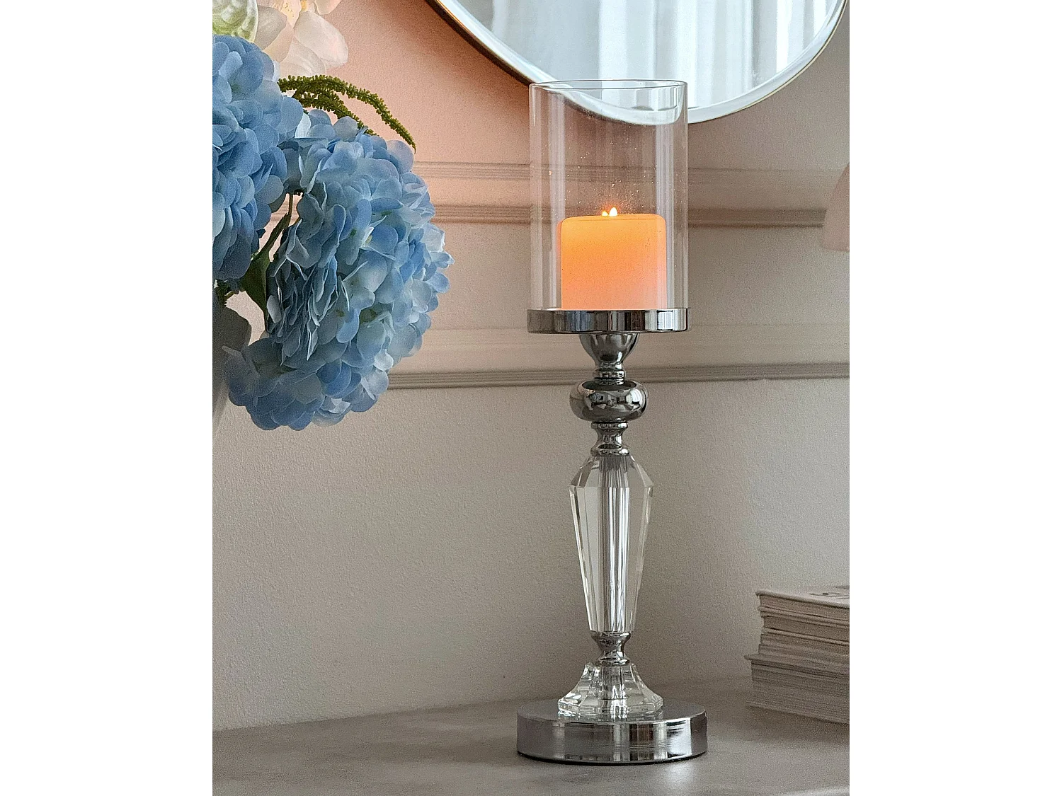 Bougeoir BONAO Verre 42 cm Argenté