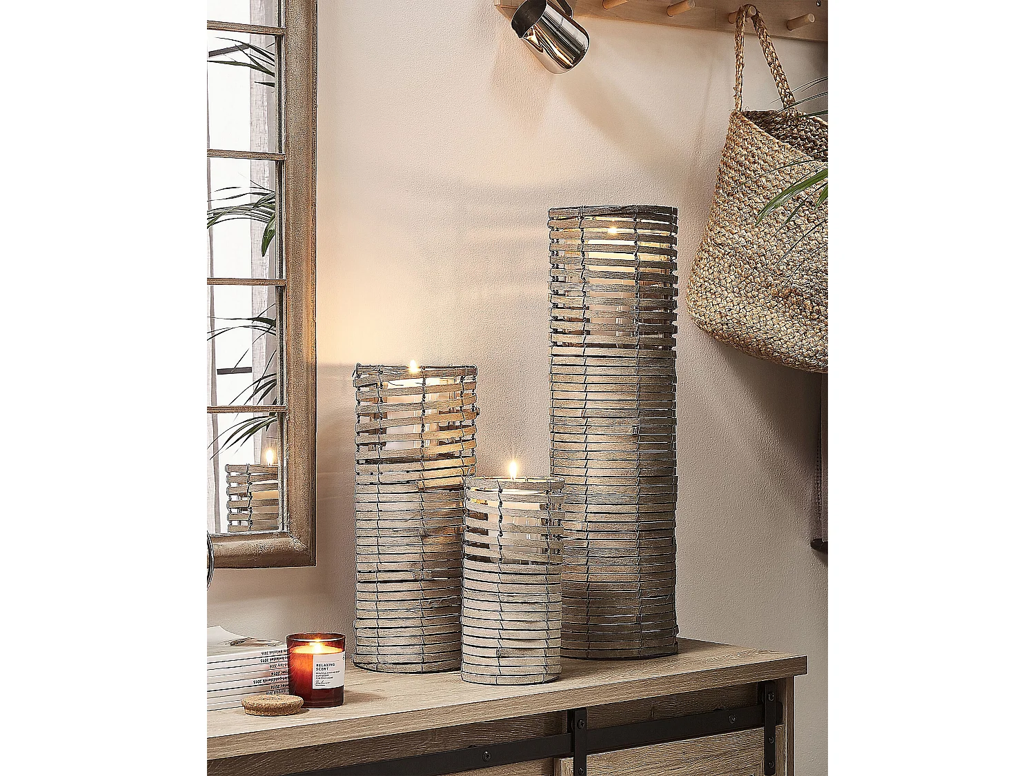 Lot de 3 bougeoirs ROVARE Bois de peuplier 60/39/25 cm Gris