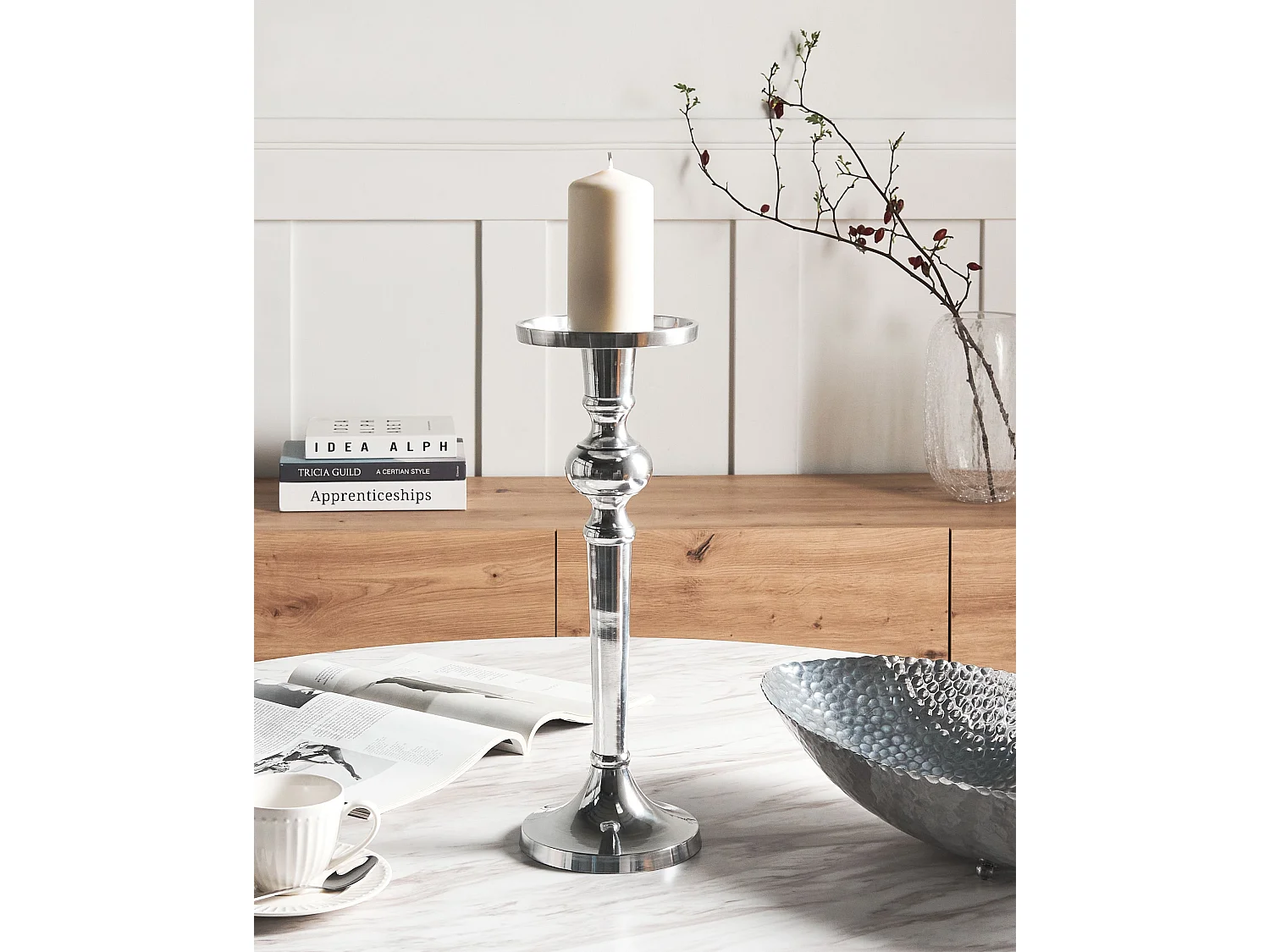 Kerzenständer aus Metall in Silber glänzend klassisches Design Tischdeko Sanafa