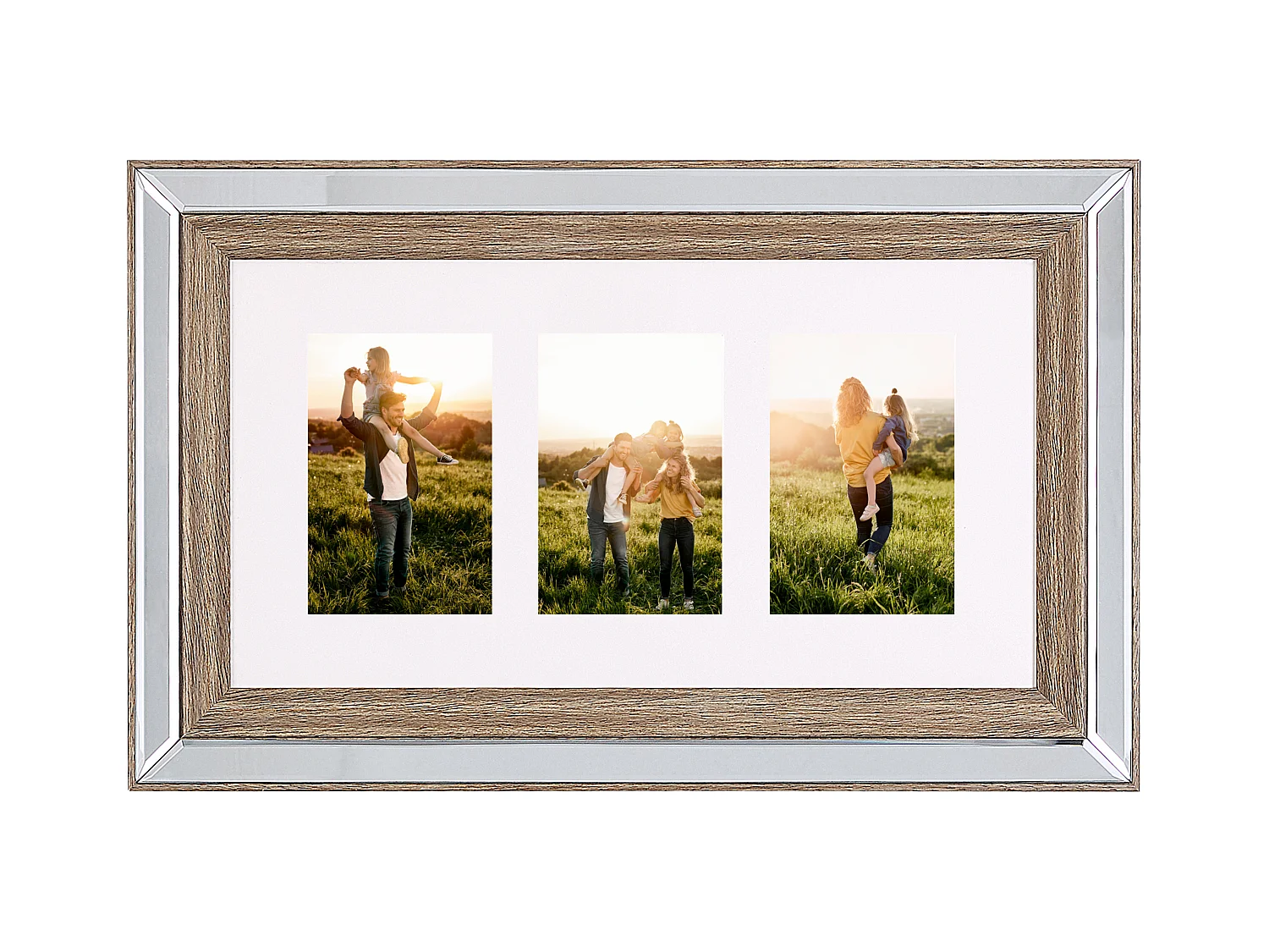 Bilderrahmen Spiegeleffekt dunkler Holzfarbton / silber für 3 Fotos 32x50 Sinta