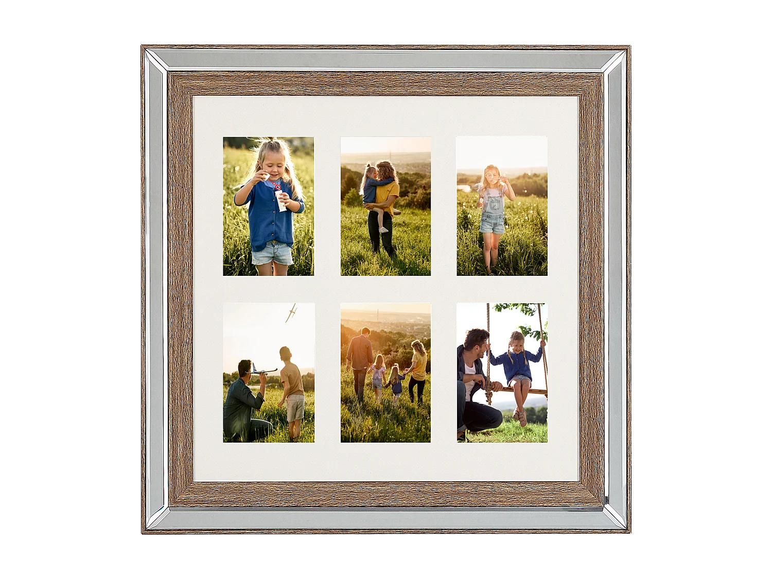 Bilderrahmen Spiegeleffekt dunkler Holzfarbton / silber für 6 Fotos 50x50 Sinta