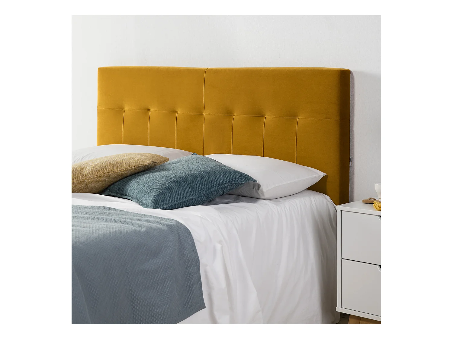 Tête de lit tapissée Napoles 160x100 cm Moutarde, Velours, Pieds en Bois
