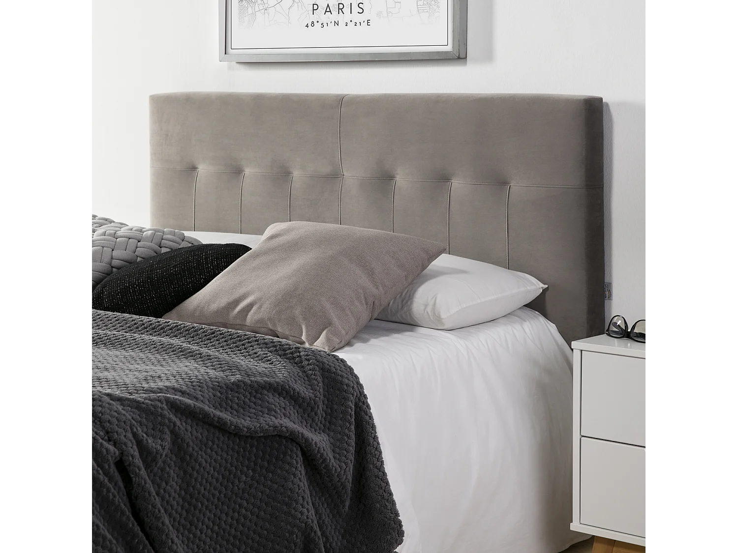 Cabeceira estofada Nápoles 140x100 cm Cinza, para Cama 135, Veludo, Pernas de Madeira