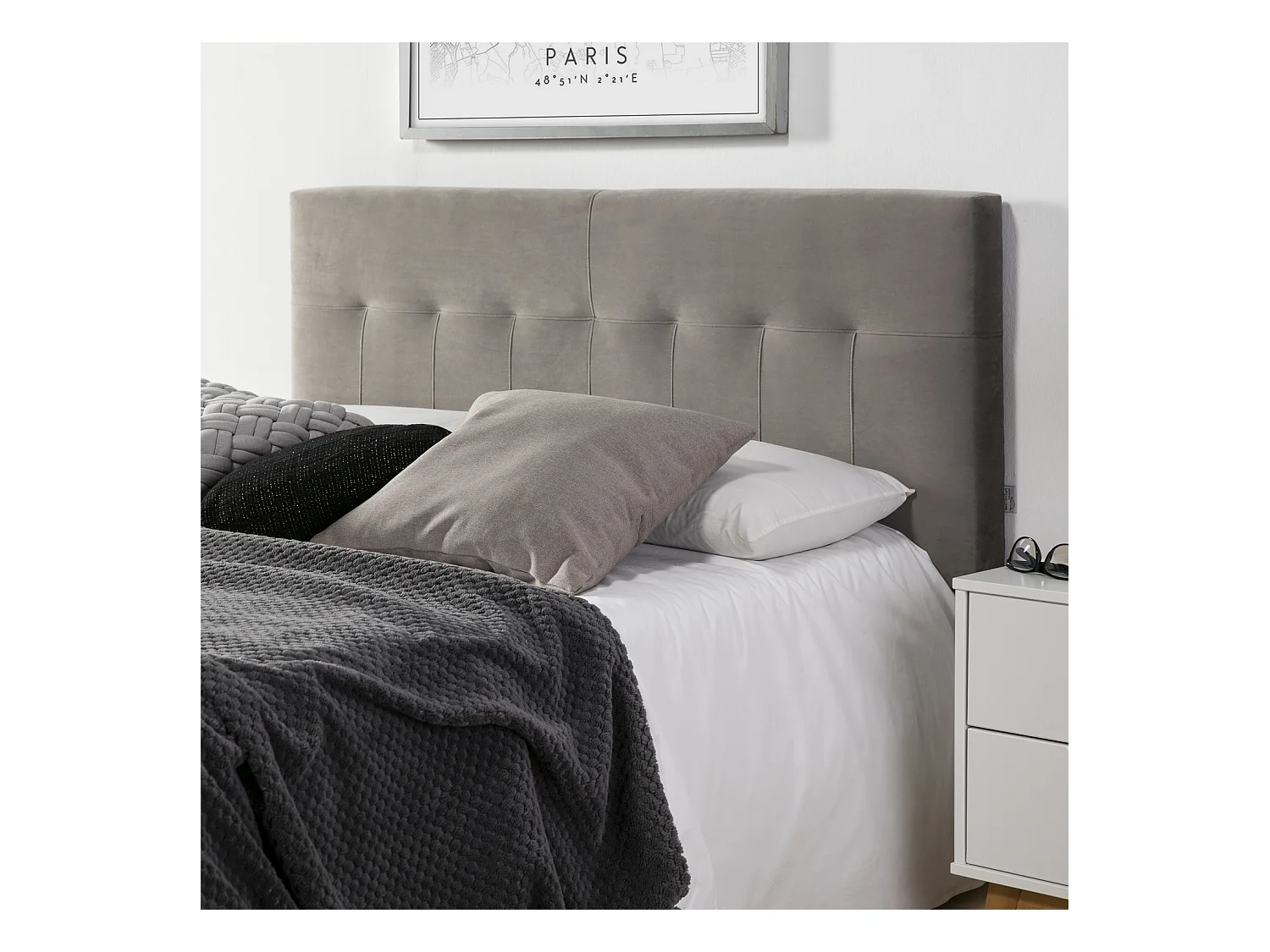 Tête de lit tapissée Napoles 140x100 cm Gris, Velours, Pieds en Bois