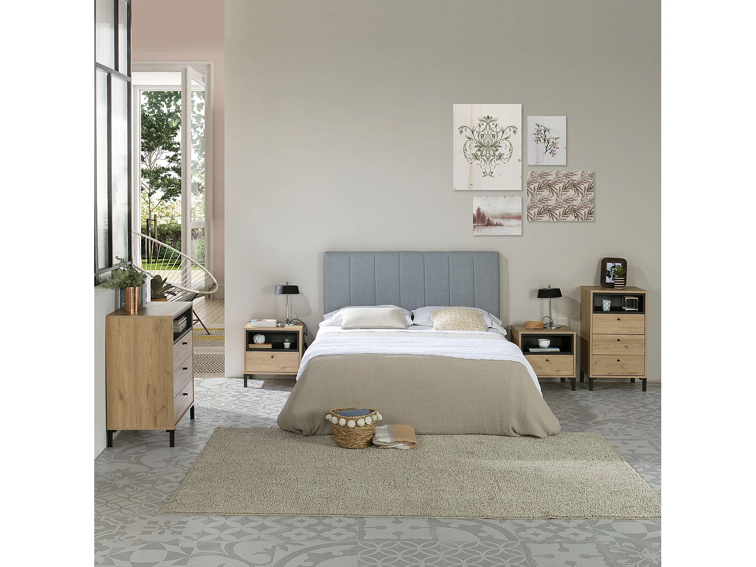 Cabeceira estofada Creta 150x60 cm Cor Cinza, Acolchoada com Espuma, Bordado Vertical, 8 cm de Espessura