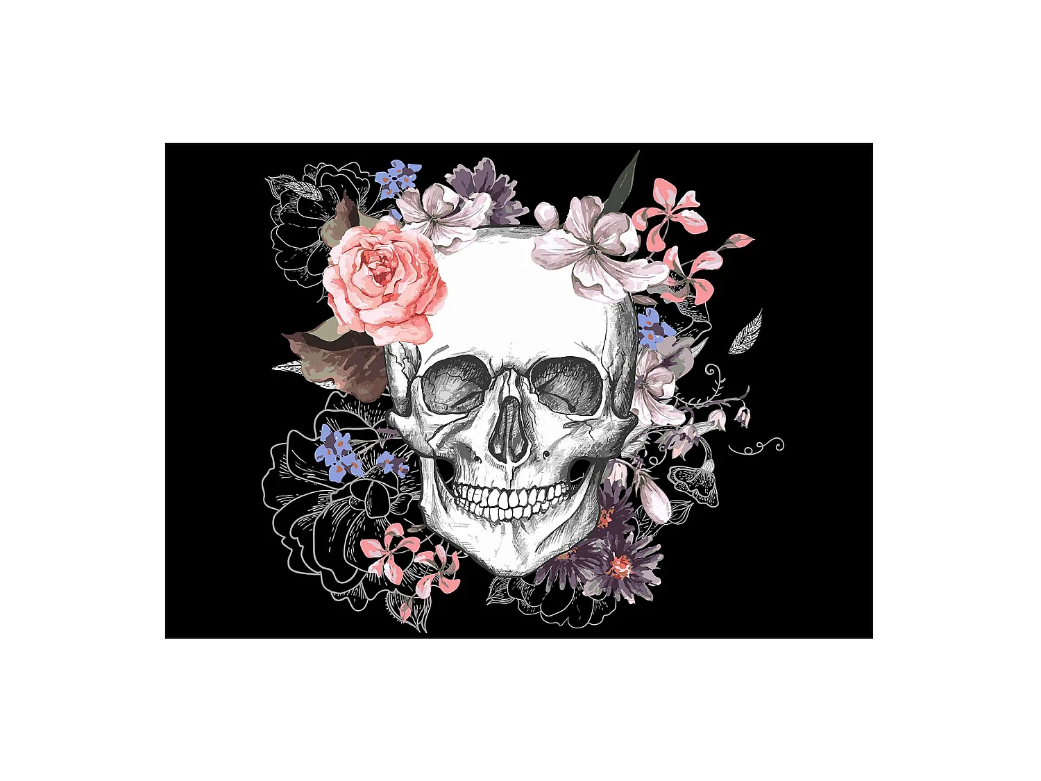 Papier peint adhésif Crâne et fleurs - 98 x 70 cm