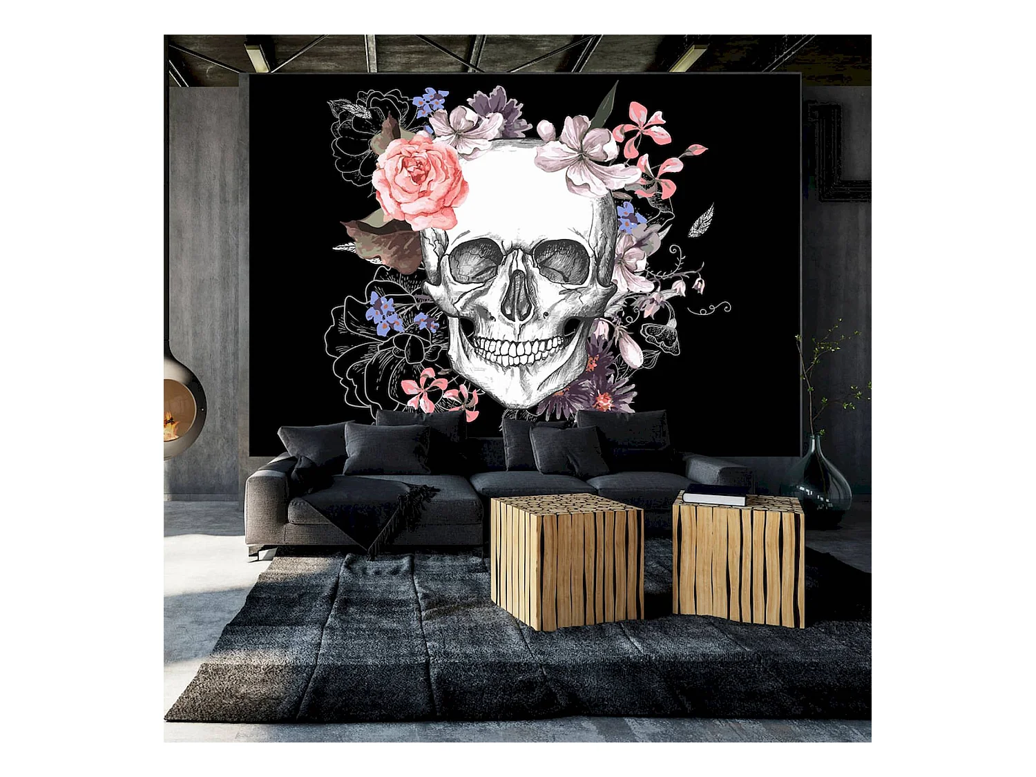 Papier peint adhésif Crâne et fleurs - 98 x 70 cm