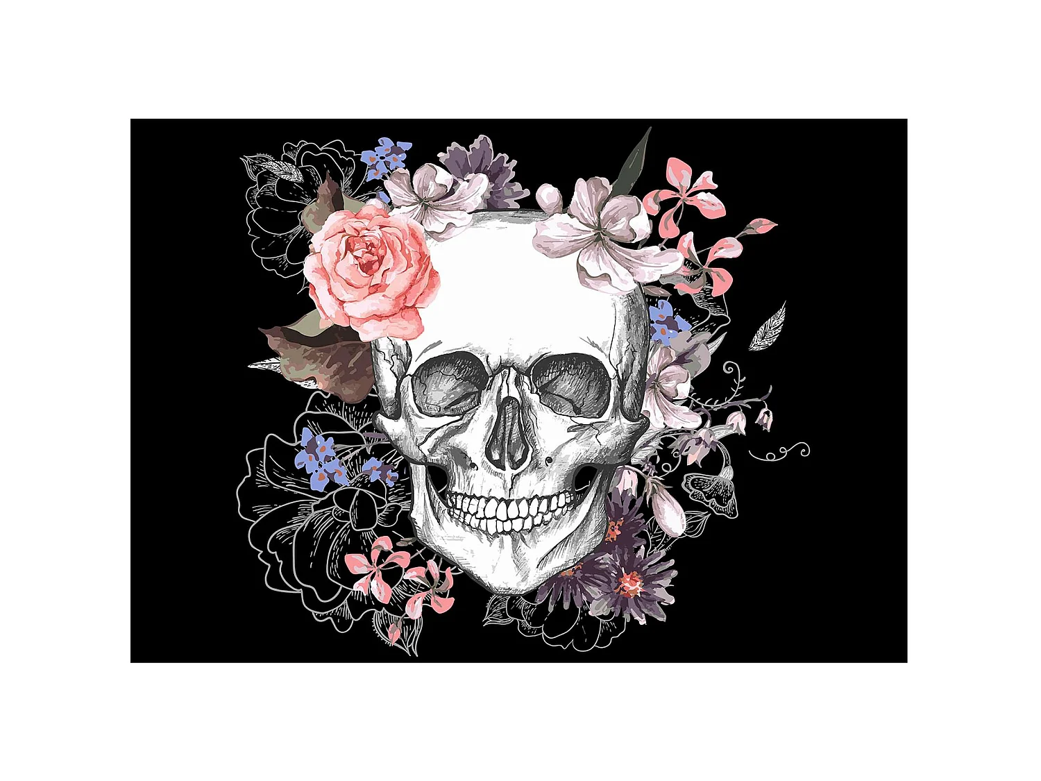 Papier peint adhésif Crâne et fleurs - 98 x 70 cm