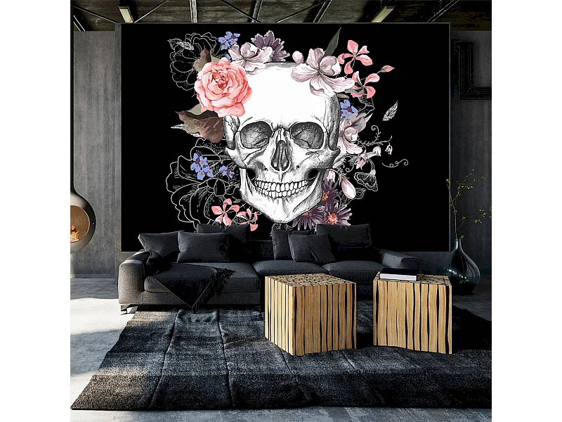 Papier peint adhésif Crâne et fleurs - 147 x 105 cm