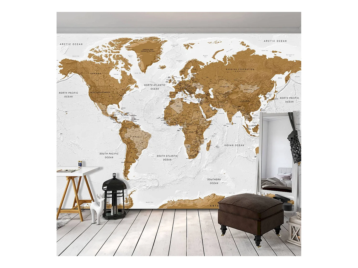 Papier peint adhésif Carte du monde, océans blancs - 343 x 245 cm