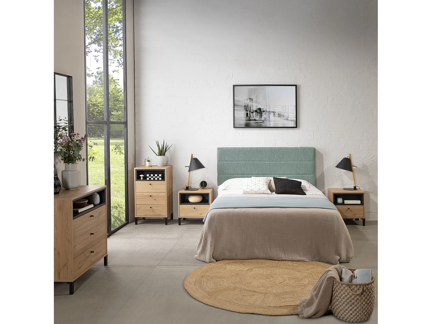 Gecapitonneerd hoofdeinde Miconos 140x60 cm Groen, voor Bed 135, Gewatteerd met Schuim, Horizontaal Geborduurd, 8 cm Dikte