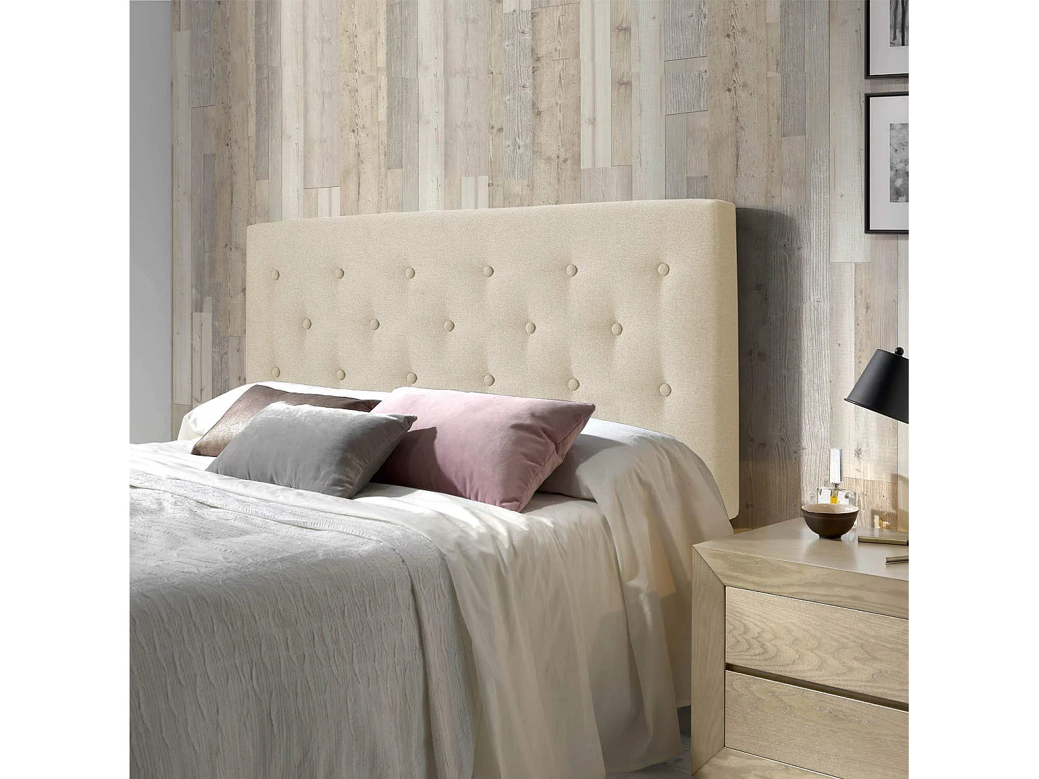 Osbeklede hoofdeinde 140x100 cm, capiton in Beige stof, 8 cm diep.