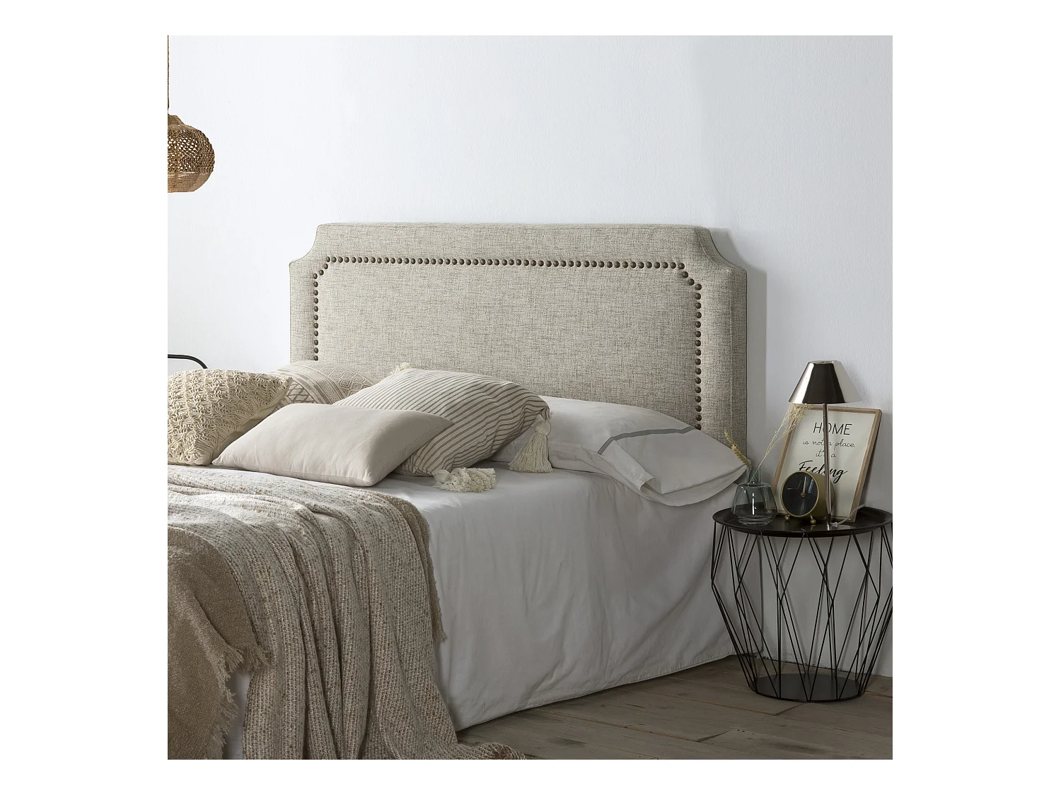 Tête de lit tapissée Leonor 140x60 cm Gris, Clous en Marron
