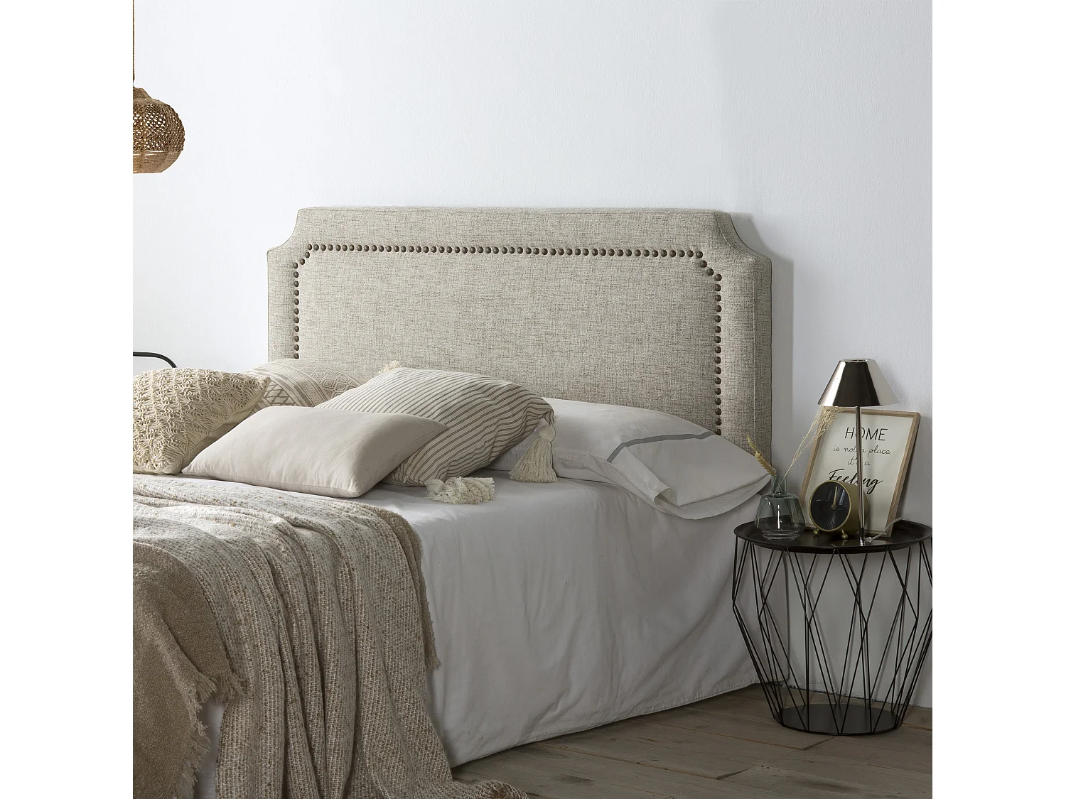 Tête de lit tapissée Leonor 140x60 cm Gris, Clous en Marron