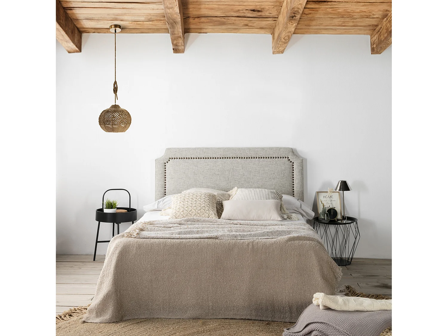 Tête de lit tapissée Leonor 140x60 cm Gris, Clous en Marron