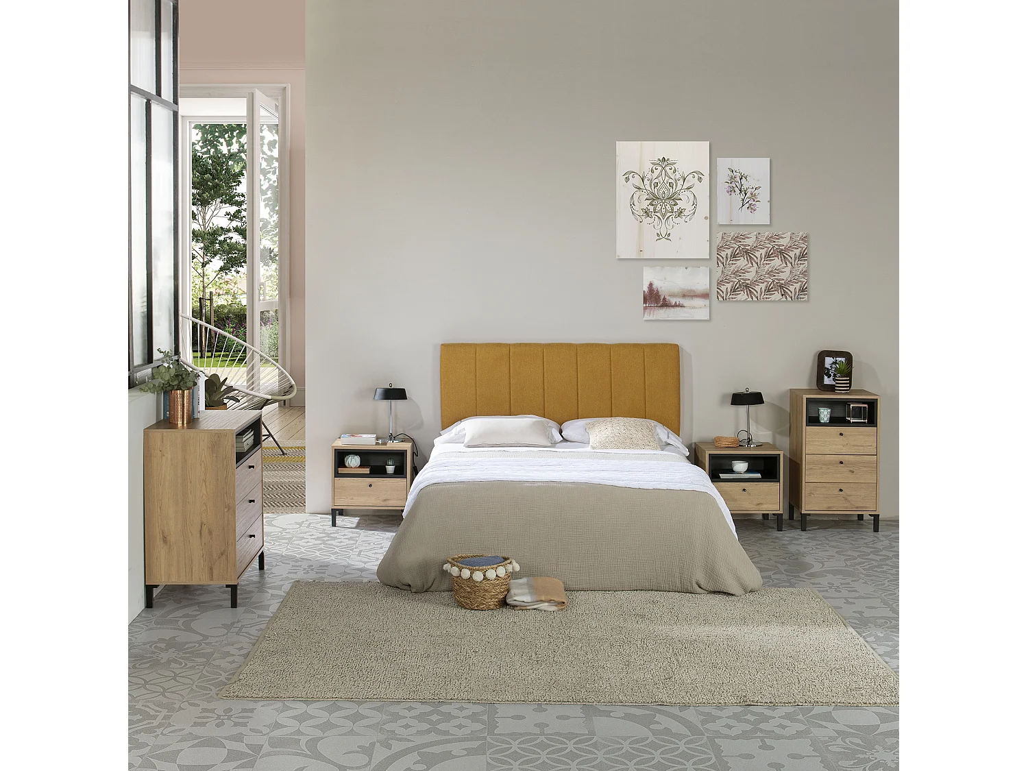 Cabeceira estofada Creta 160x60 cm Cor Mostarda, Acolchoada com Espuma, Bordado Vertical, 8 cm de Espessura