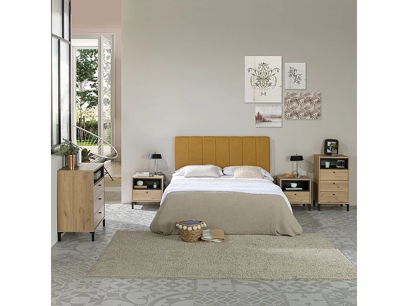 Opgemaakte hoofdeinde Creta 140x60 cm Mosterd Kleur, voor Bed 135, Gewatteerd met Schuim, Verticaal Geborduurd, 8 cm Dik.