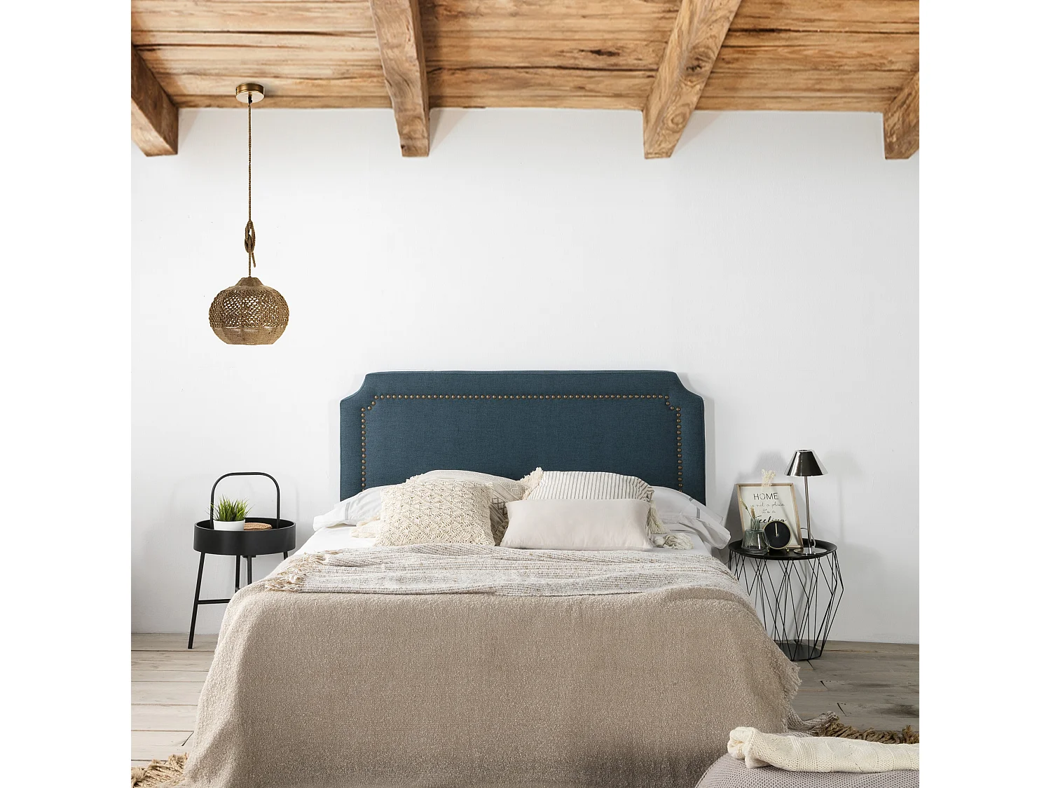 Tête de lit tapissée Leonor 140x60 cm Bleu, Clous en Marron, épaisseur de 8 cm