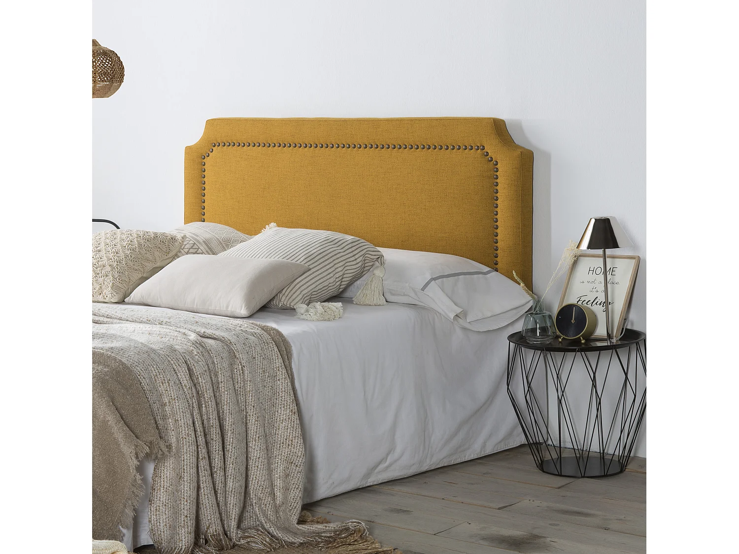 Tête de lit tapissée Leonor 160x60 cm Moutarde, Clous en Marron