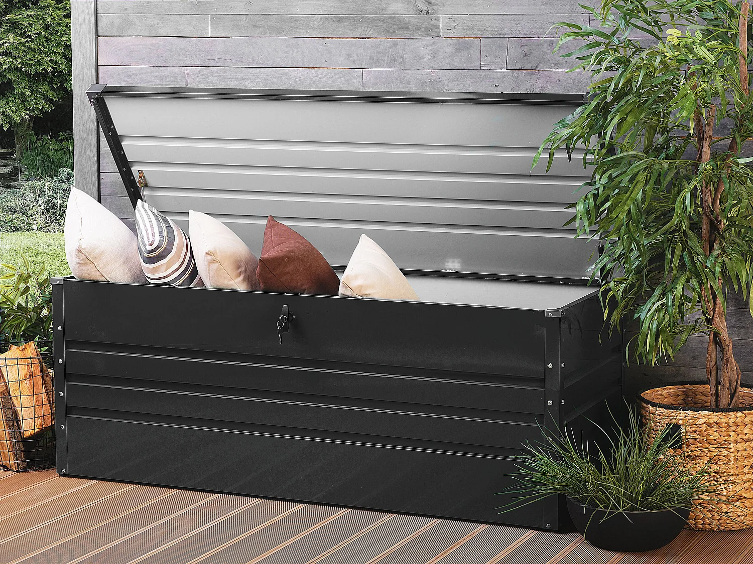 Große Metall-Gartentruhe 600 l graphitgrau Kissenbox Auflagenbox für die Terrasse wasserdicht Aufbewahrungsbox Gartenbox Cebrosa