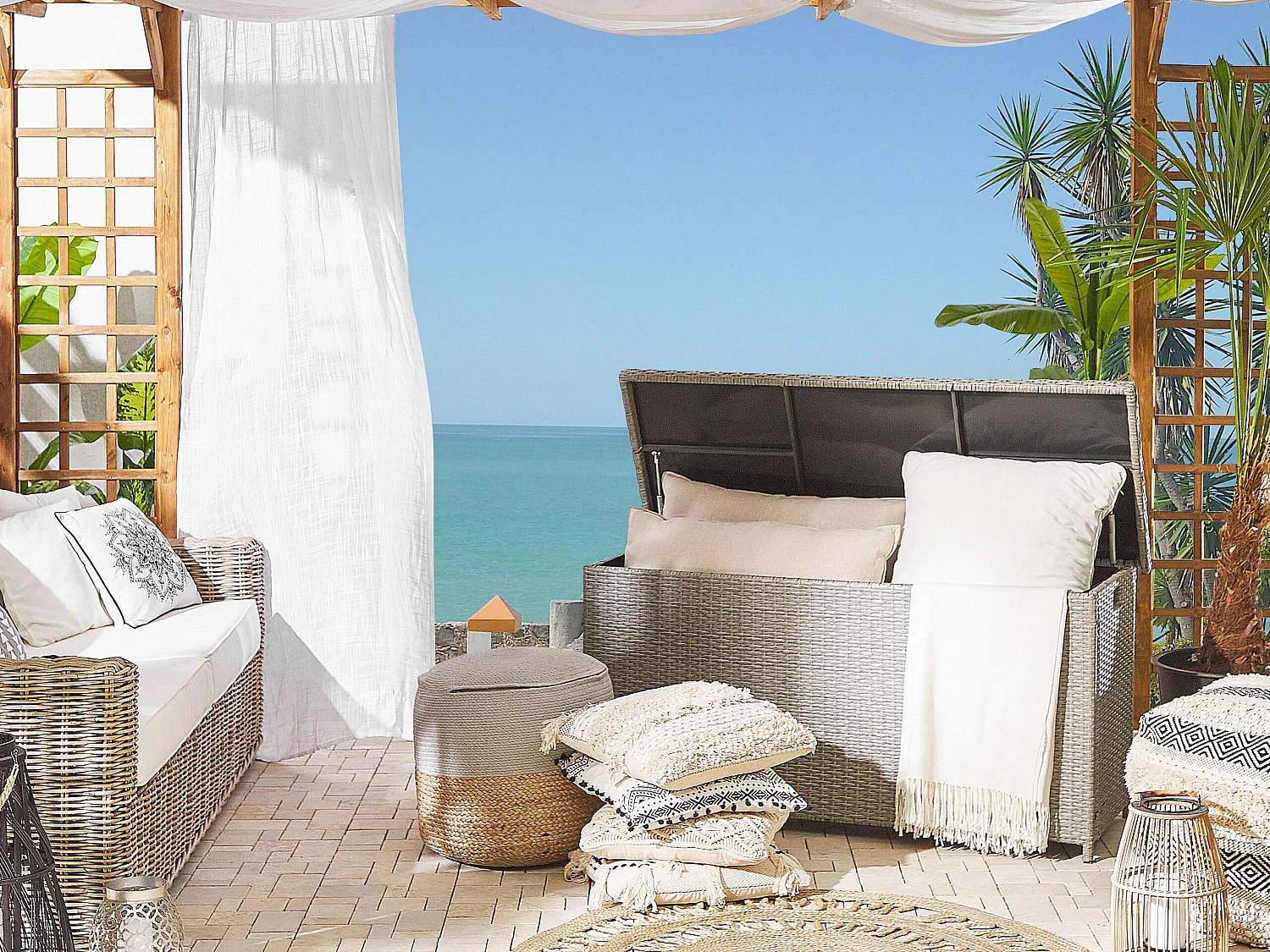 Skrzynia ogrodowa MODENA Technorattan 126 cm 46 cm Beżowoszary