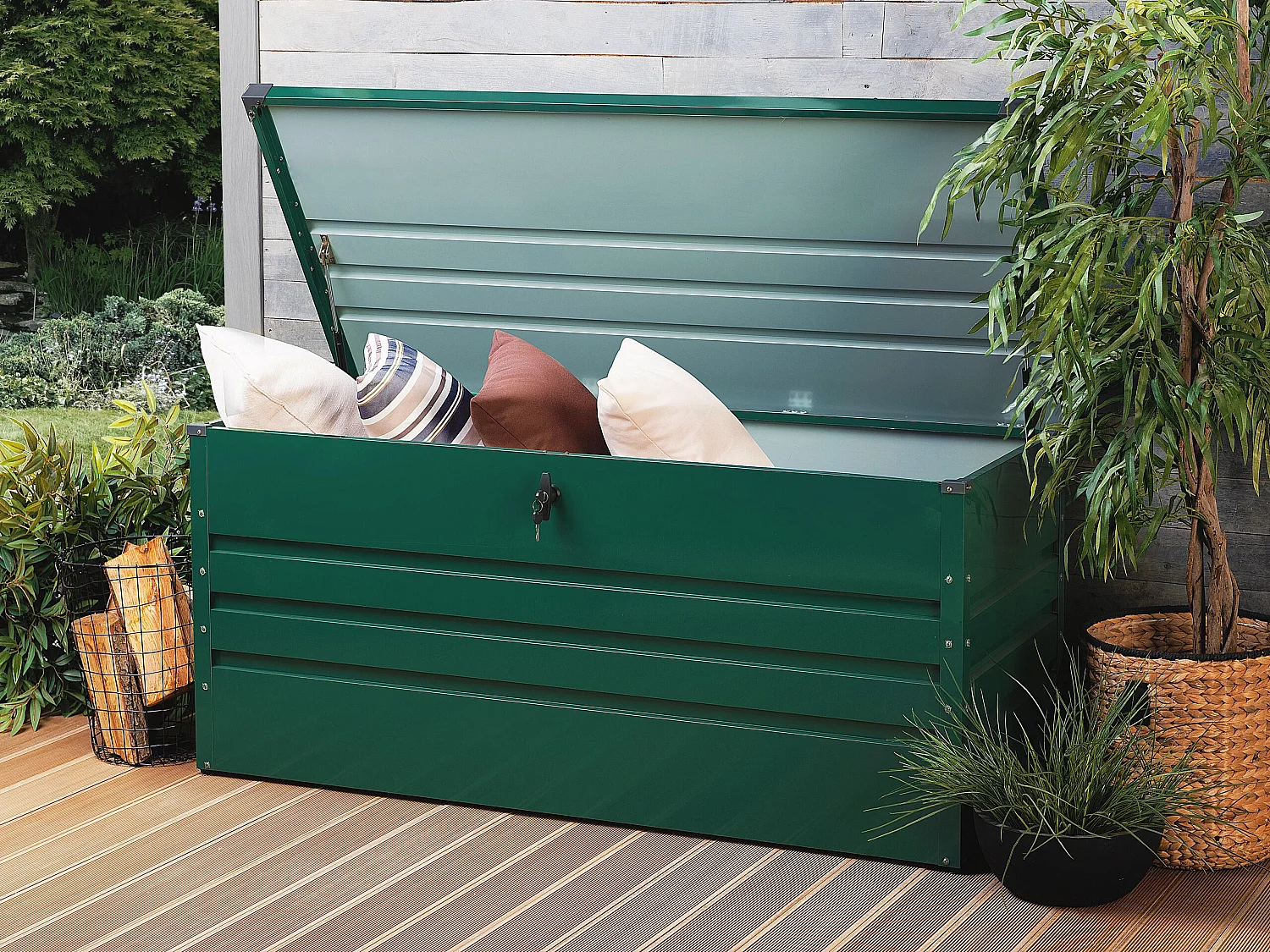 Große Metall-Gartentruhe 400 l dunkelgrün Kissenbox Auflagenbox für die Terrasse wasserdicht Aufbewahrungsbox Gartenbox Cebrosa