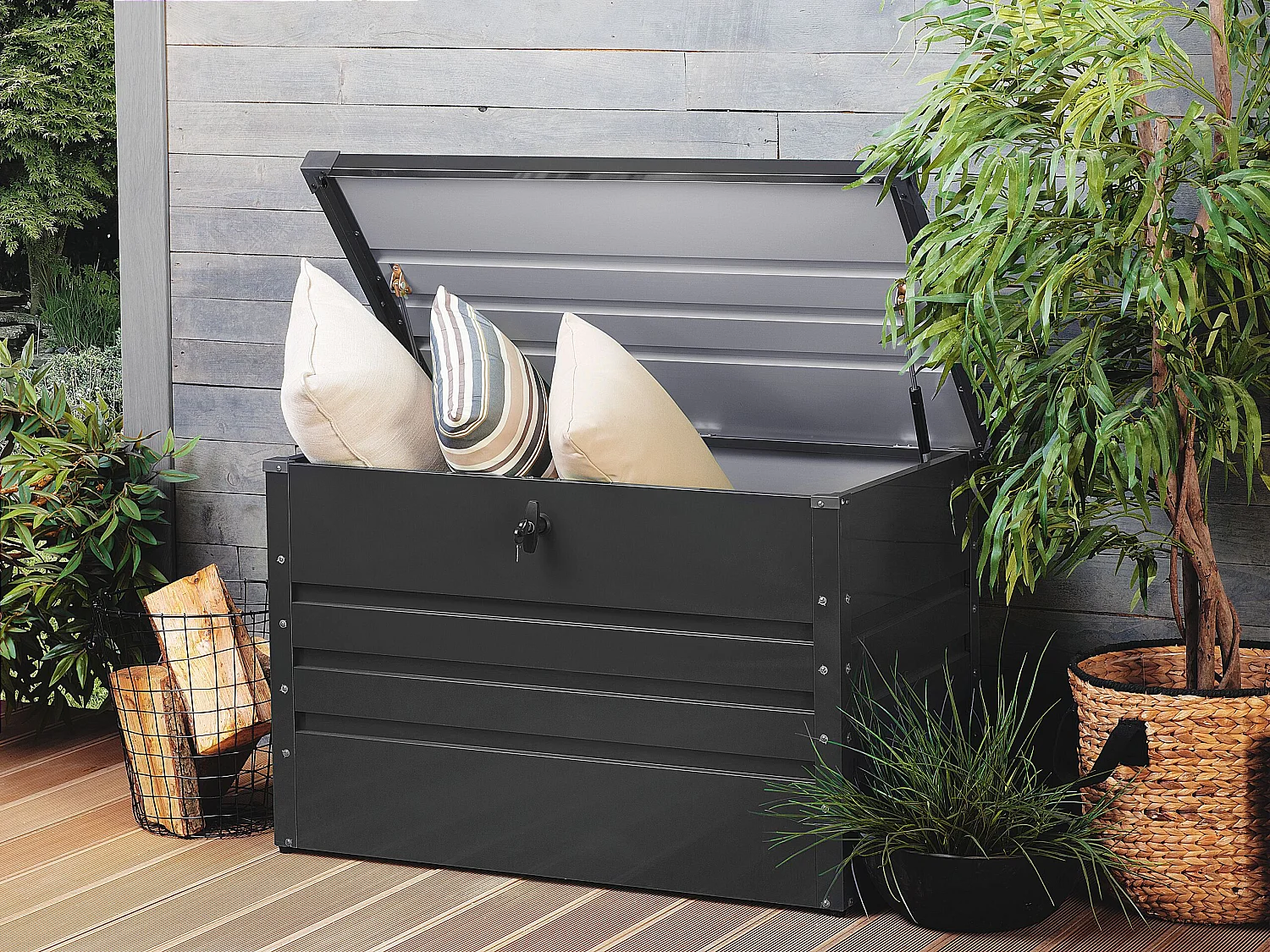 Metall-Gartentruhe 300 l graphitgrau Kissenbox Auflagenbox für die Terrasse wasserdicht Aufbewahrungsbox Gartenbox Cebrosa