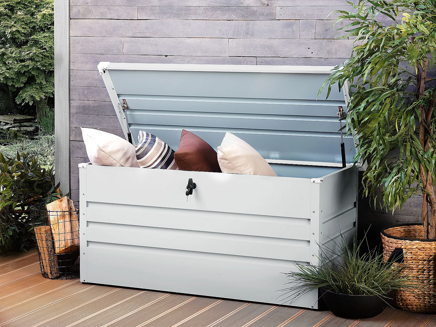 Große Metall-Gartentruhe 400 l hellgrau Kissenbox Auflagenbox für die Terrasse wasserdicht Aufbewahrungsbox Gartenbox Cebrosa