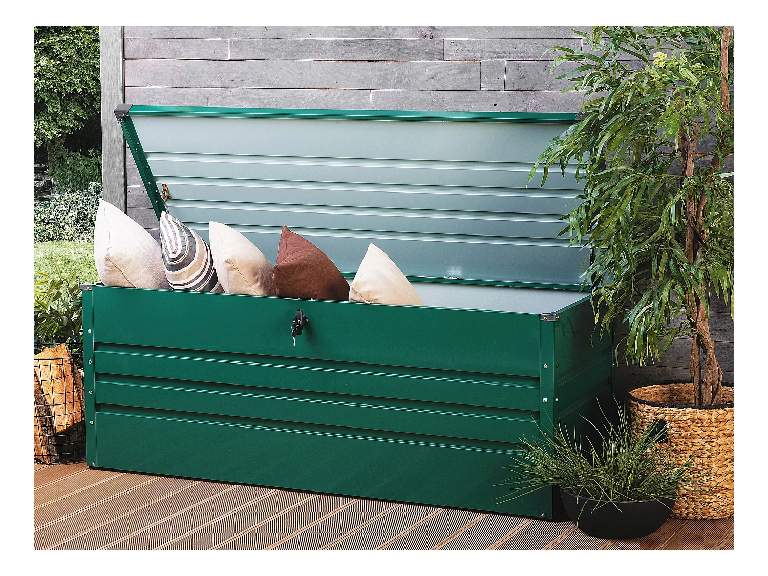 Große Metall-Gartentruhe 600 l dunkelgrün Kissenbox Auflagenbox für die Terrasse wasserdicht Aufbewahrungsbox Gartenbox Cebrosa