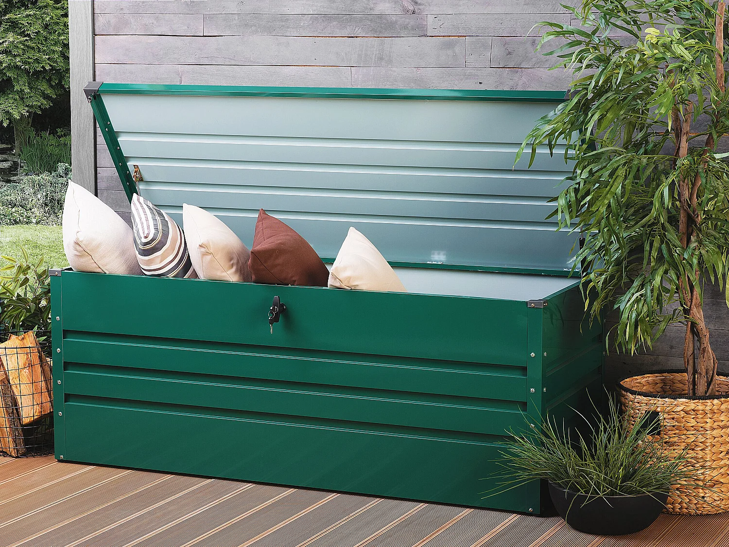 Große Metall-Gartentruhe 600 l dunkelgrün Kissenbox Auflagenbox für die Terrasse wasserdicht Aufbewahrungsbox Gartenbox Cebrosa