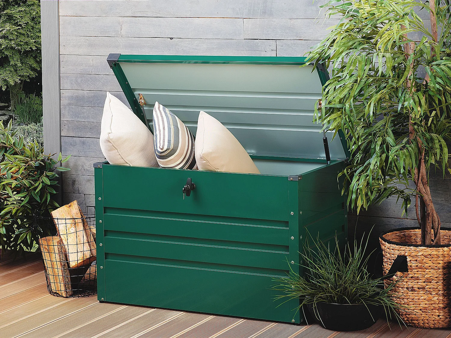 Metall-Gartentruhe 300 l dunkelgrün Kissenbox Auflagenbox für die Terrasse wasserdicht Aufbewahrungsbox Gartenbox Cebrosa