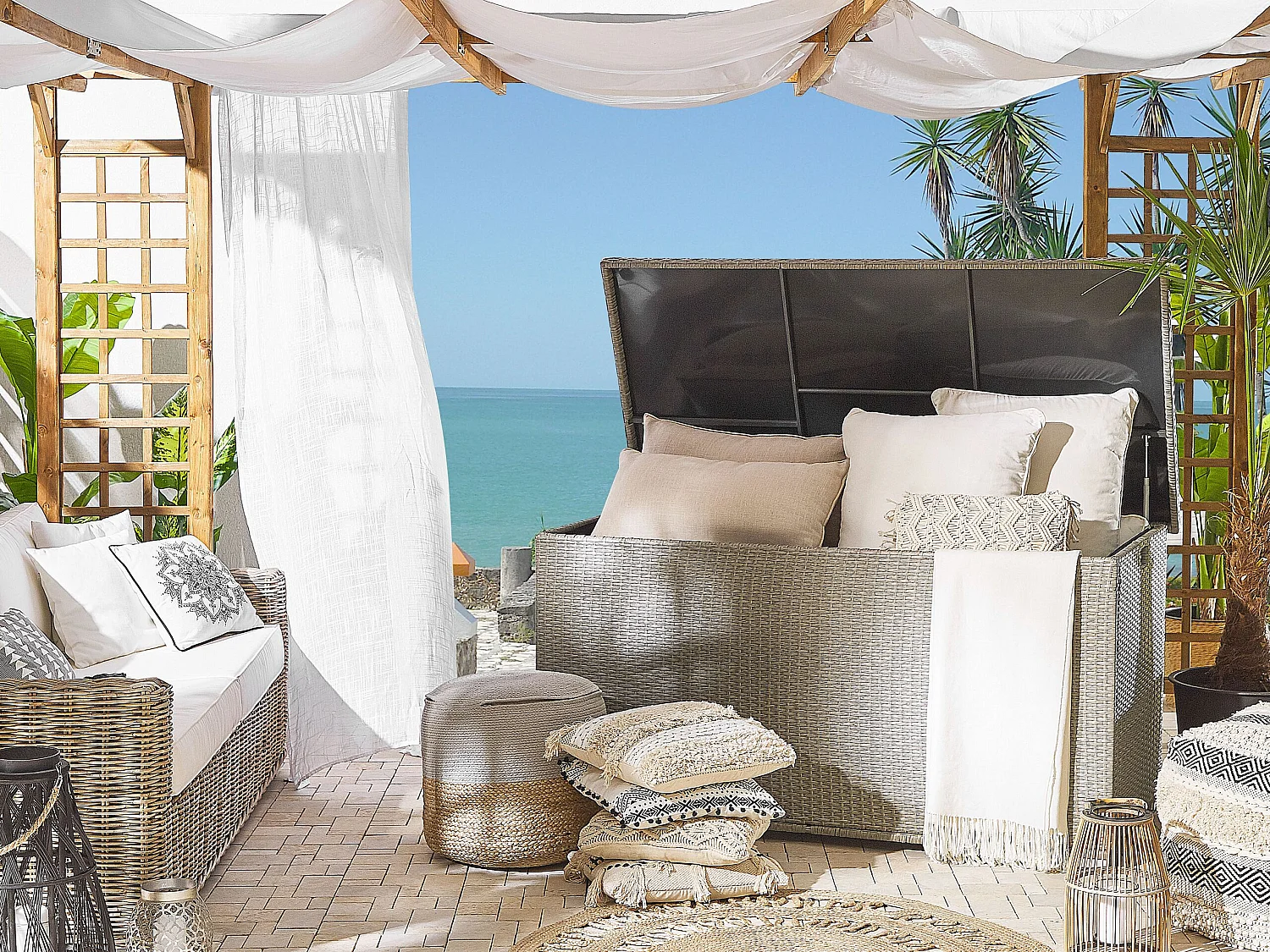 Praktische Auflagenbox Rattan 290 L 155 x 75 cm taupe Modena