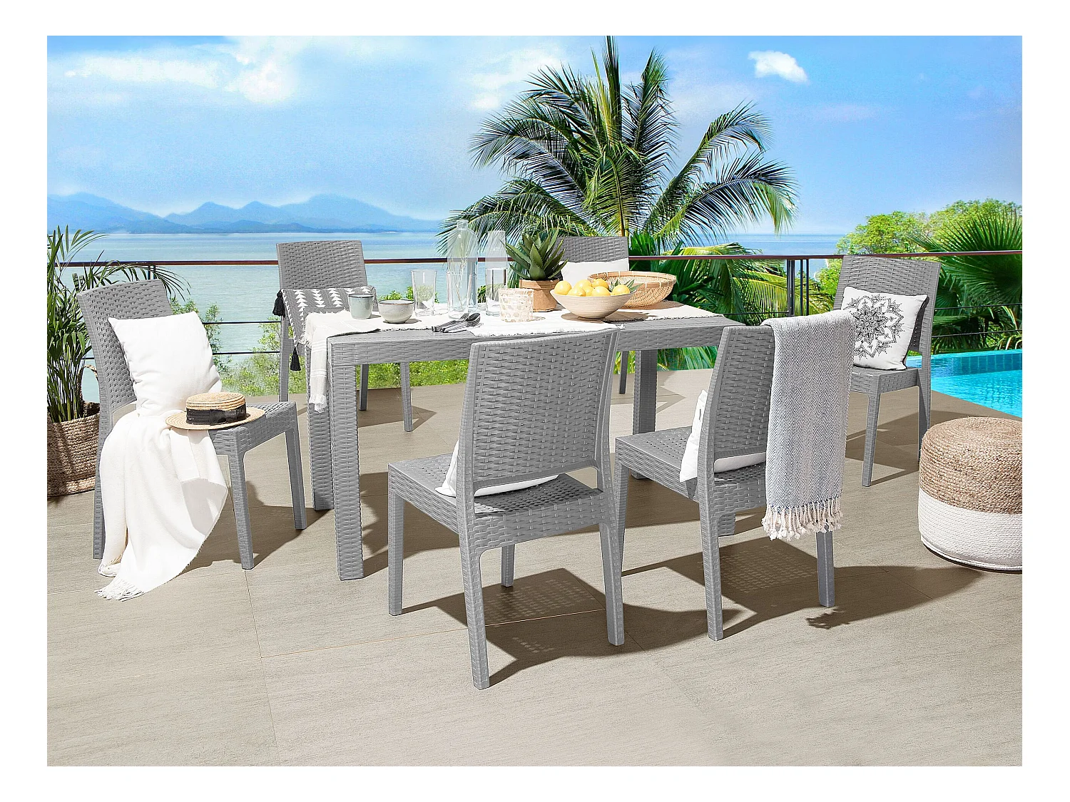 Gartentisch Rattanoptik 140 x 80 cm hellgrau Fossano