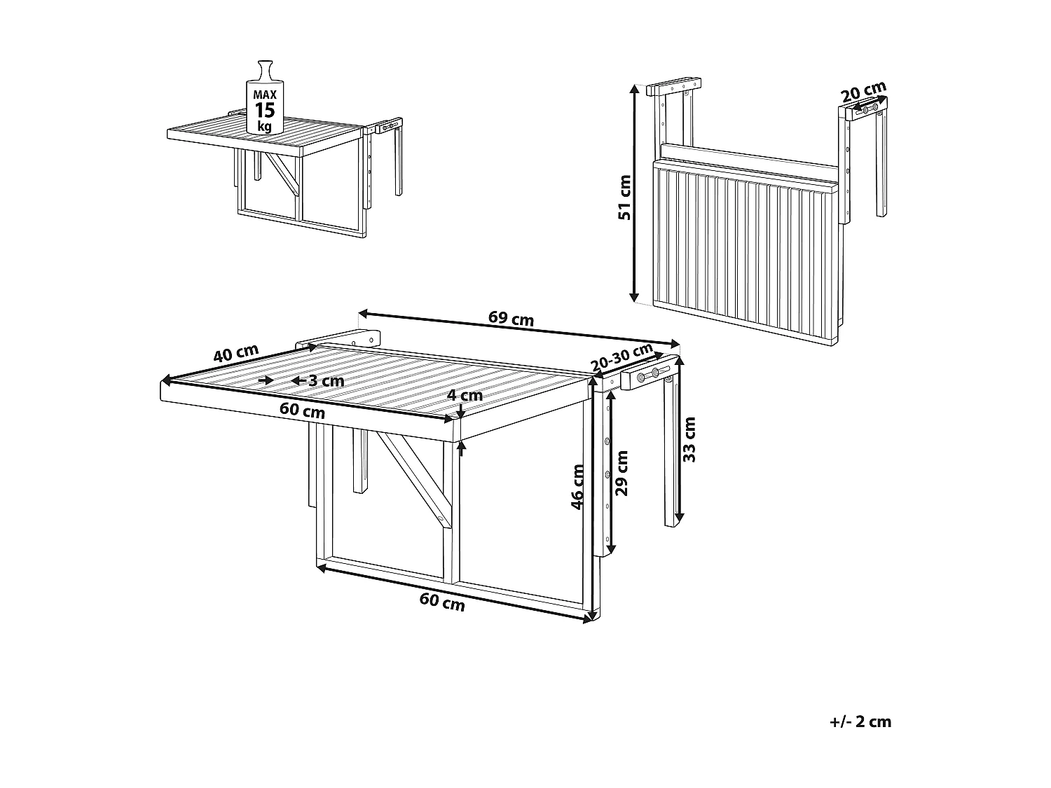 Balkontafel UDINE 70 cm 69 cm Acaciahout Bruin