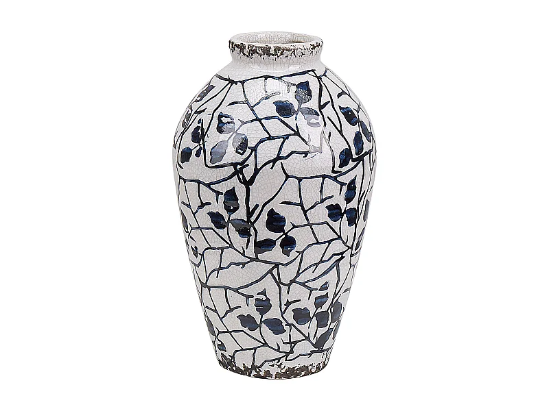 Blumenvase aus Steinzeug weiß 20 cm mit blauem Blumenmotiv wasserdicht Mallia