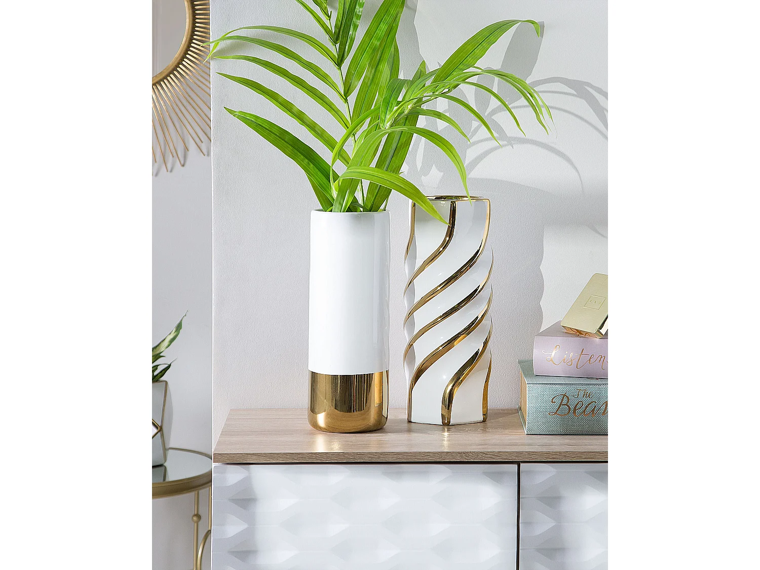 Moderne Blumenvase Steinzeug schlanke Form weiß/gold Gelida