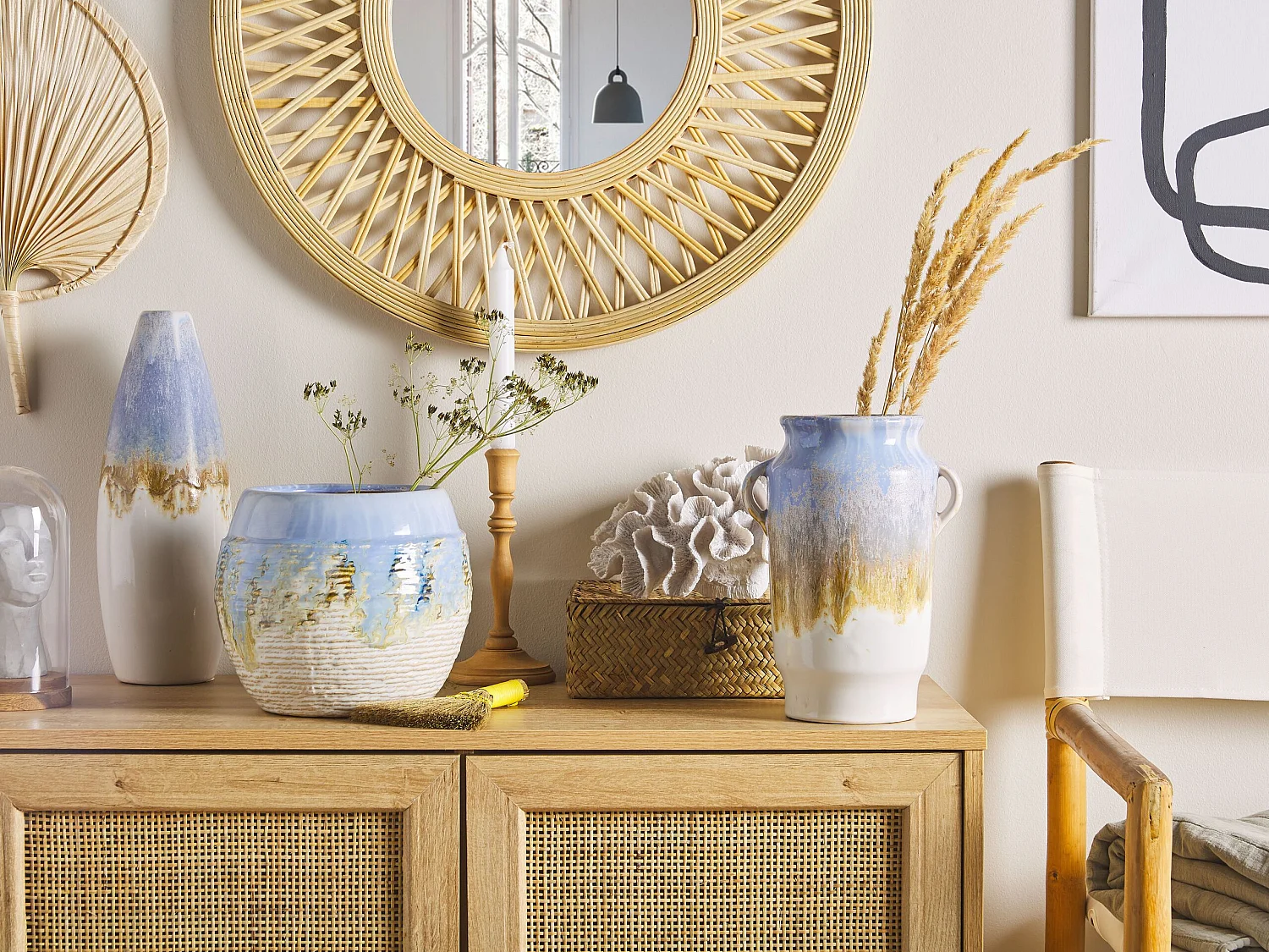 Vase Steinzeug mehrfarbig blau weiß gold 25 cm wasserdicht handgefertigt Gerrha