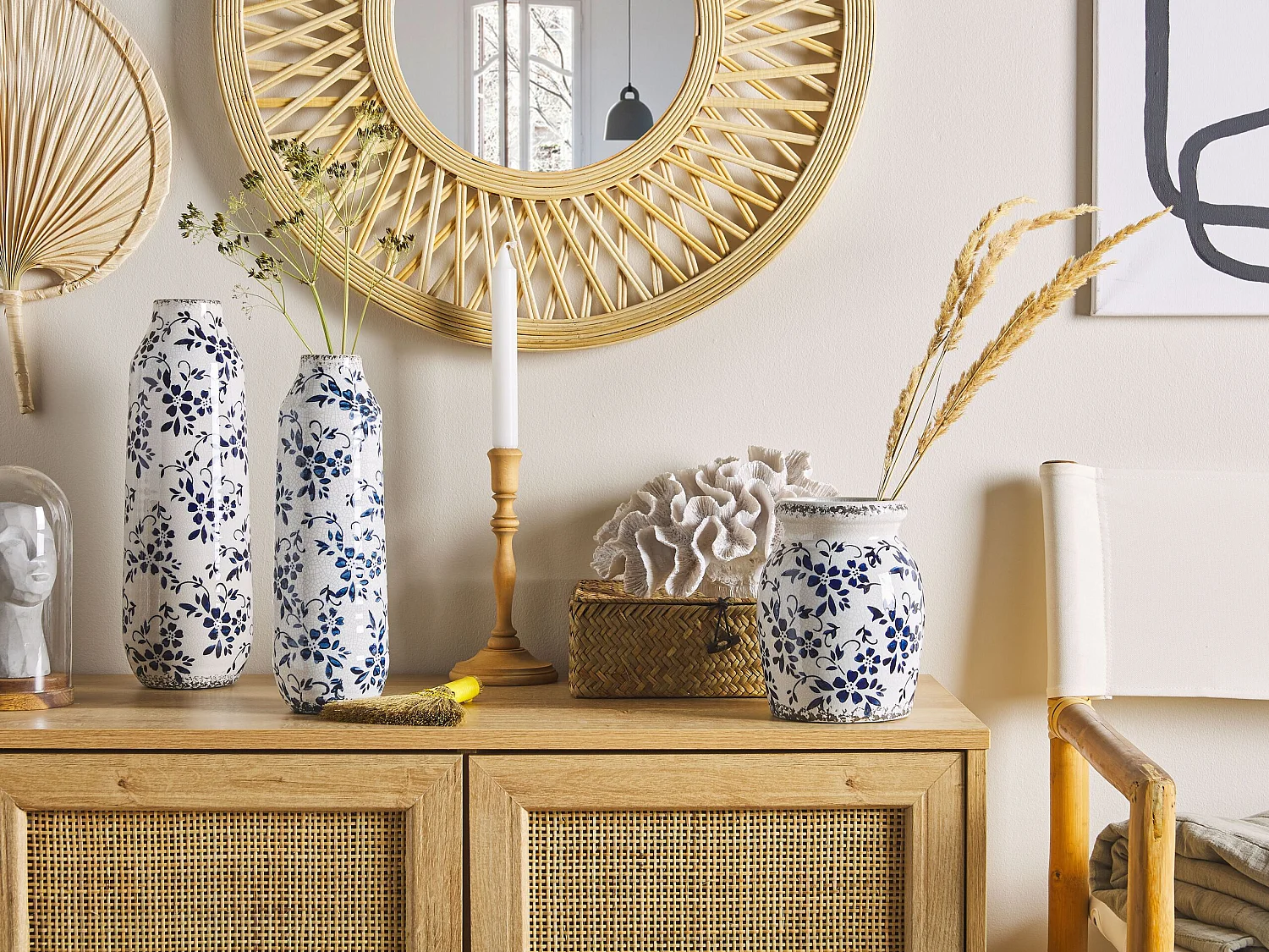 Blumenvase Steinzeug weiß 30 cm hoch mit blauem Blumenmotiv wasserdicht Mulai