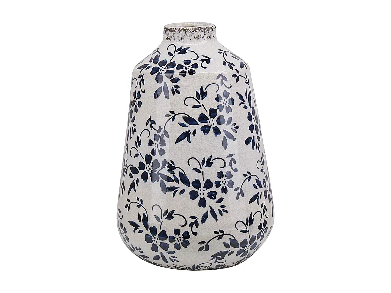Blumenvase aus Steinzeug weiß 25 cm mit blauem Blumenmotiv wasserdicht Maroneia