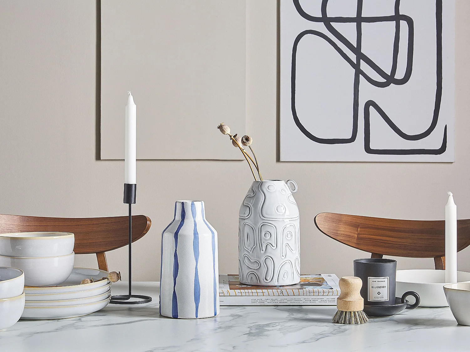 Blumenvase aus Steinzeug weiß mit Streifen blau Dekoration Retro Vintage Assus