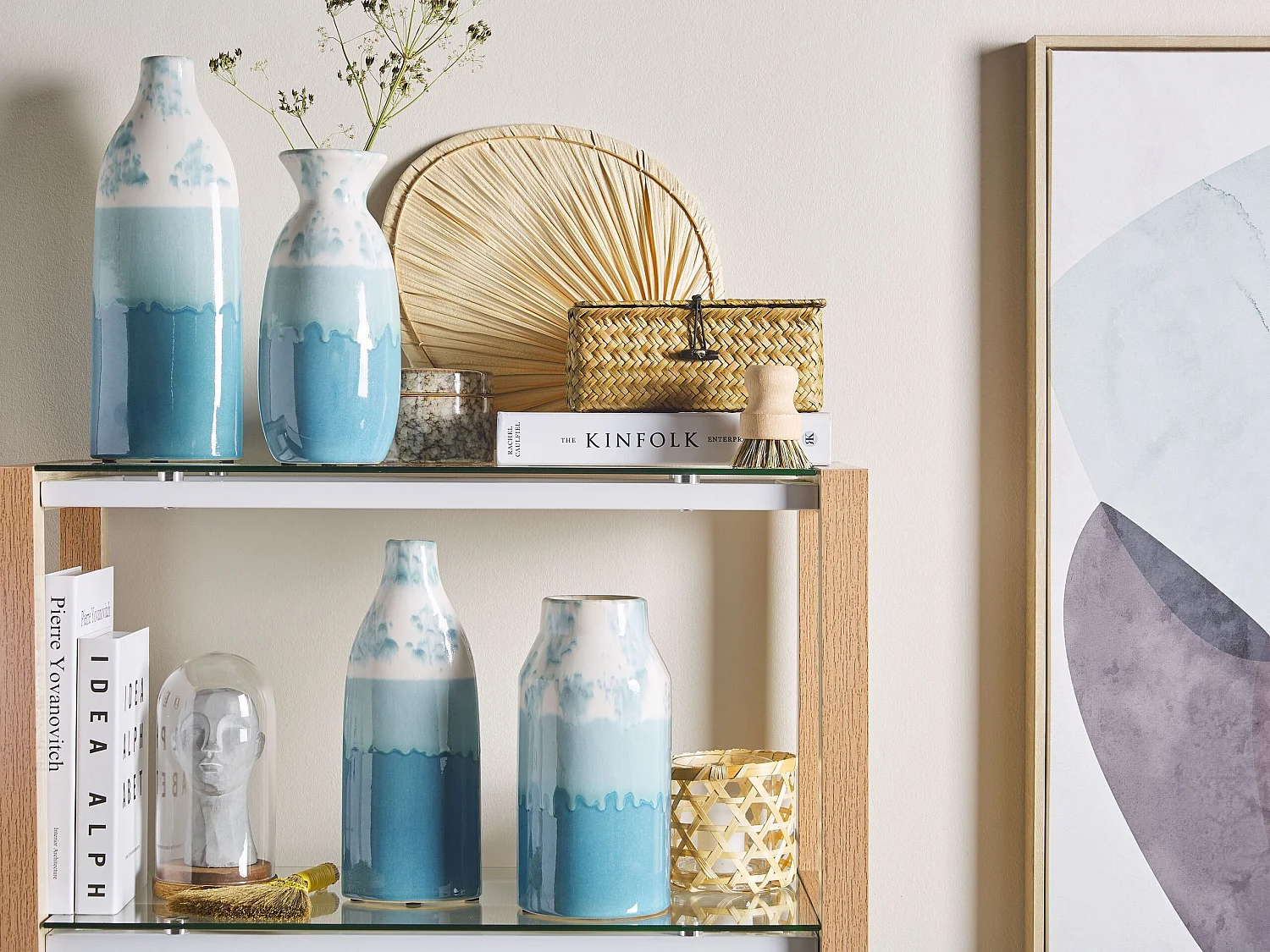 Blumenvase Steinzeug 30 cm weiß / blau hoch Deko Glamourös Modern Callipolis